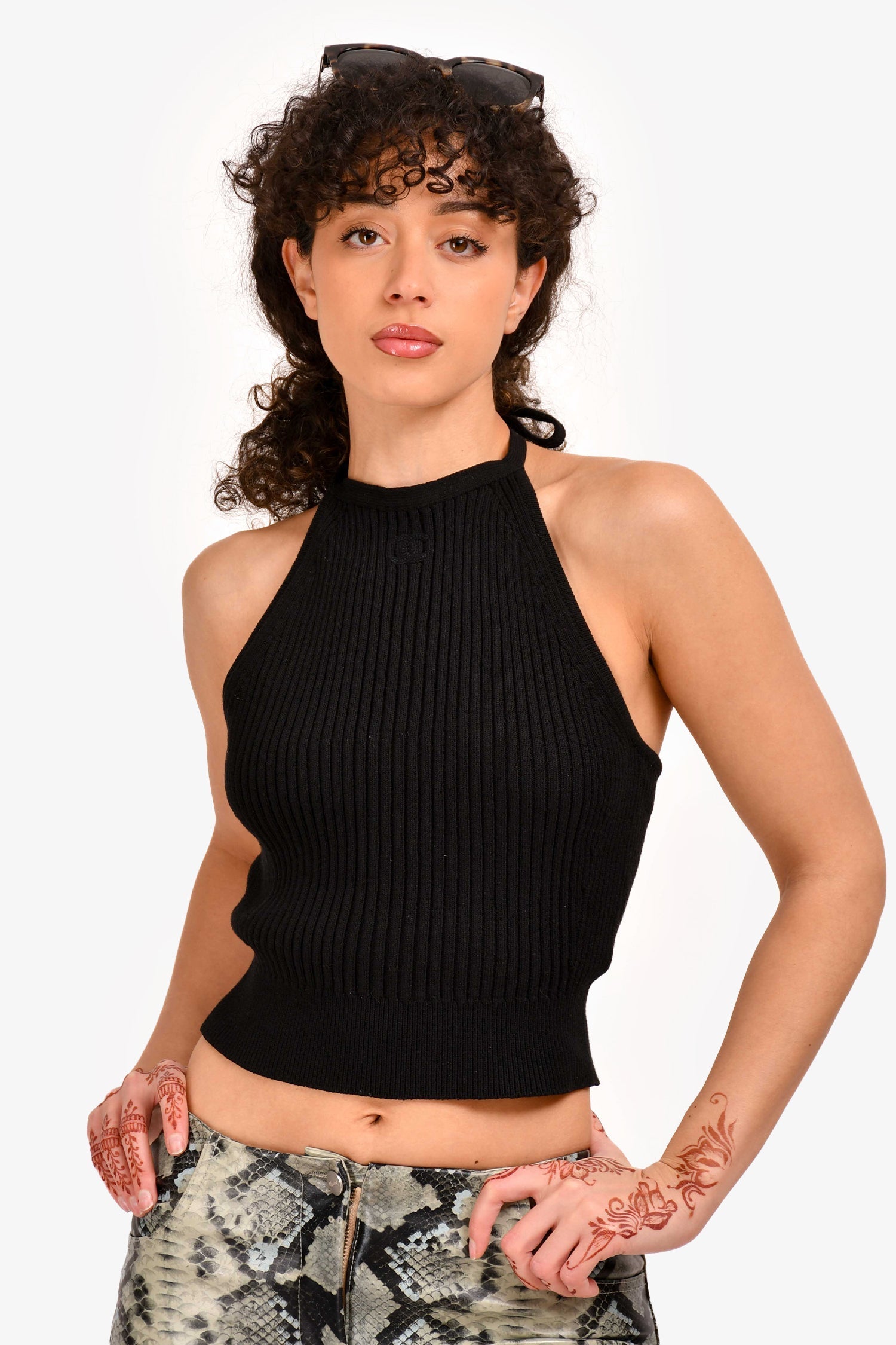 Chanel™ Black Ribbed Cotton Knit Halter Neck Embroidered CC Top Size 38