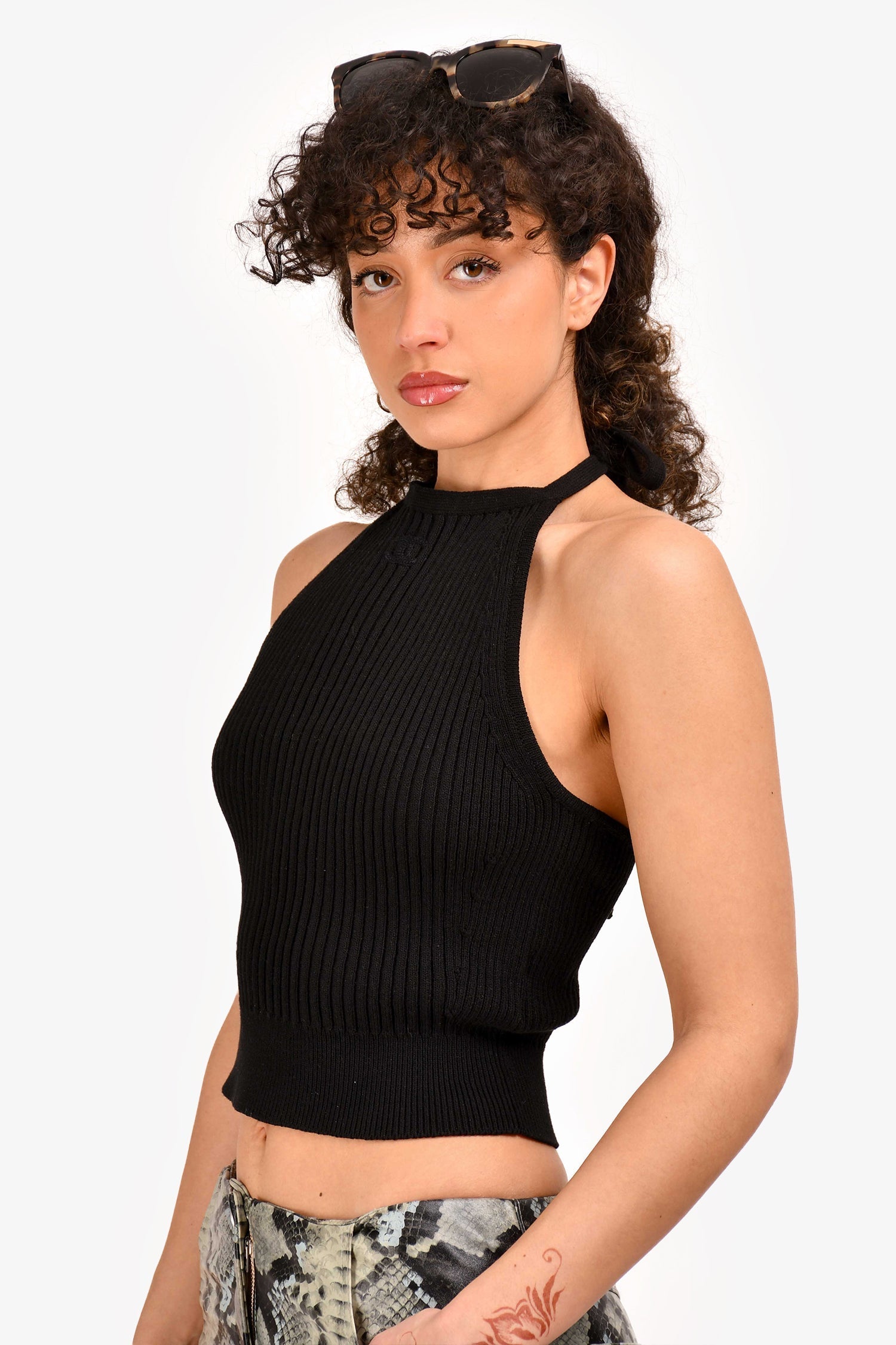 Chanel™ Black Ribbed Cotton Knit Halter Neck Embroidered CC Top Size 38