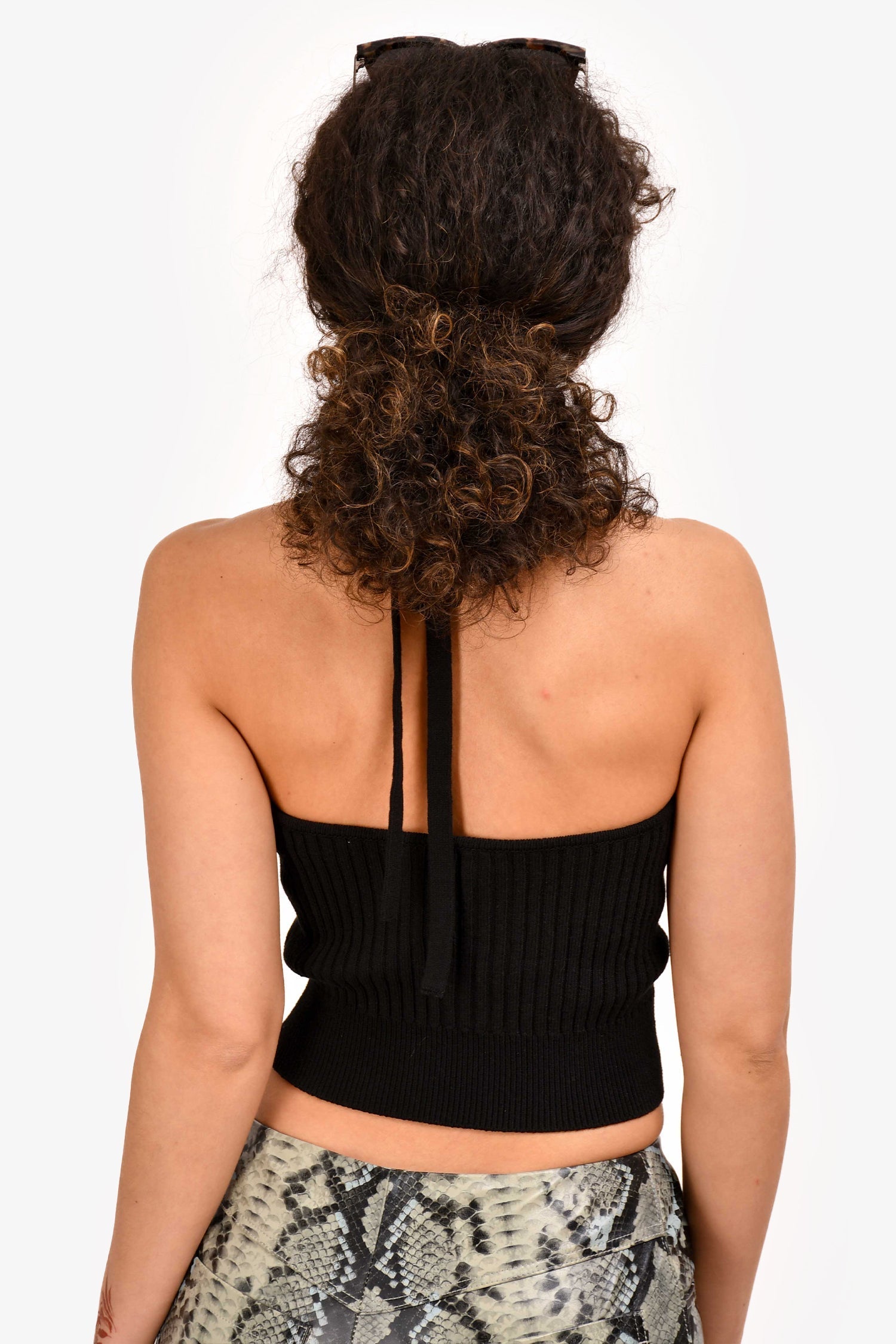 Chanel™ Black Ribbed Cotton Knit Halter Neck Embroidered CC Top Size 38