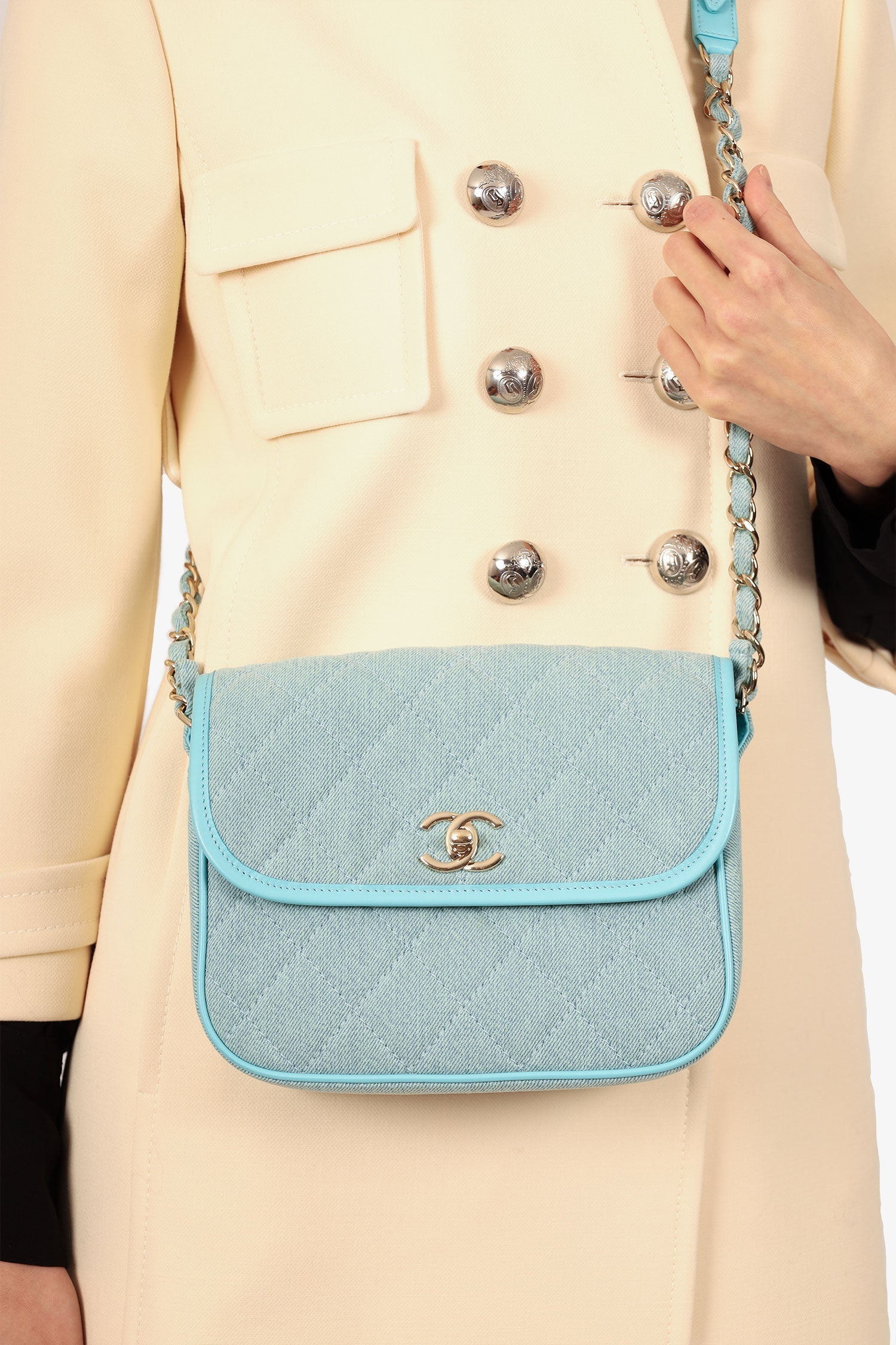 Chanel™ 2021 Blue Denim Quilted CC Small Messenger Flap Bag