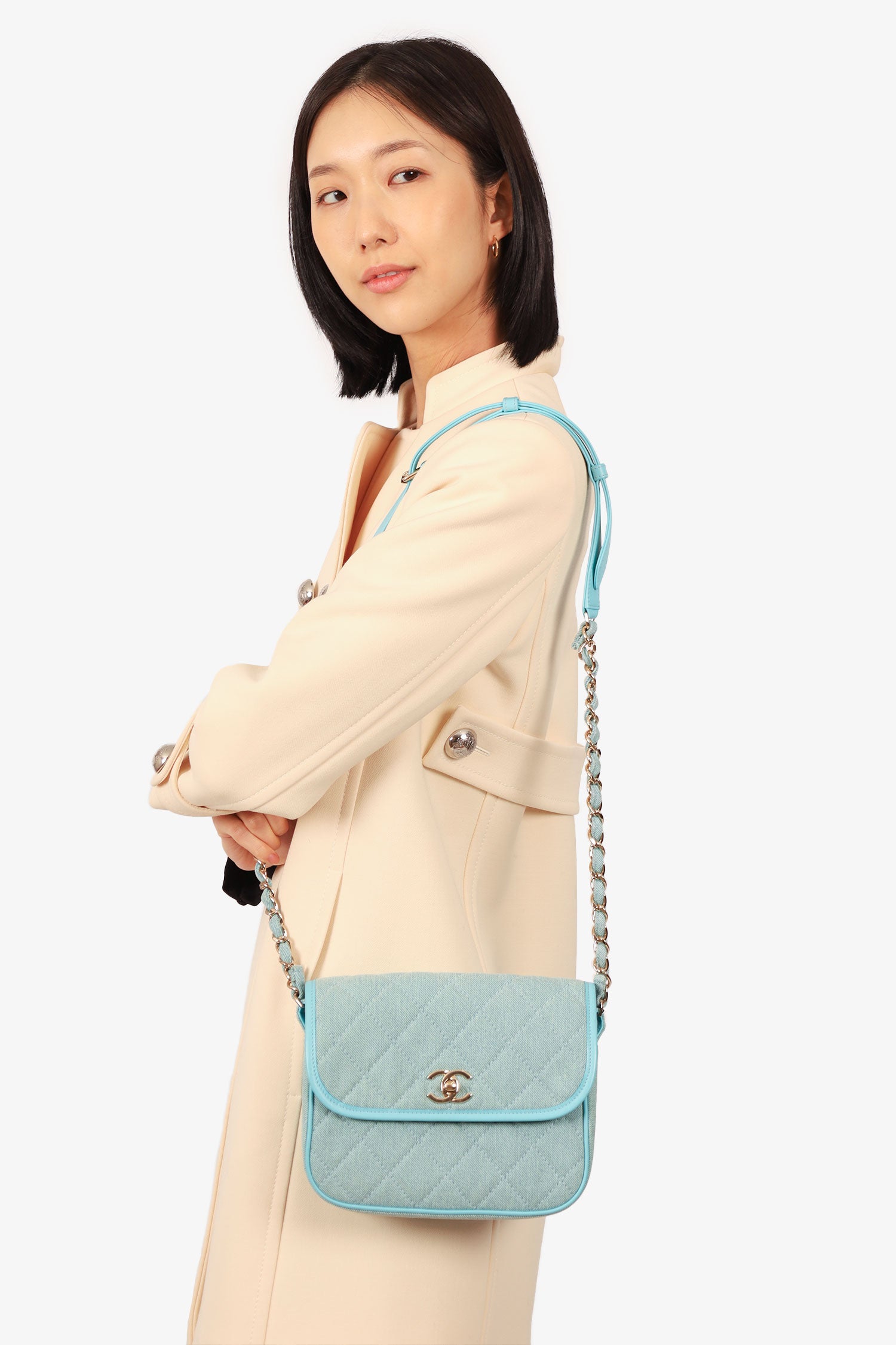 Chanel™ 2021 Blue Denim Quilted CC Small Messenger Flap Bag