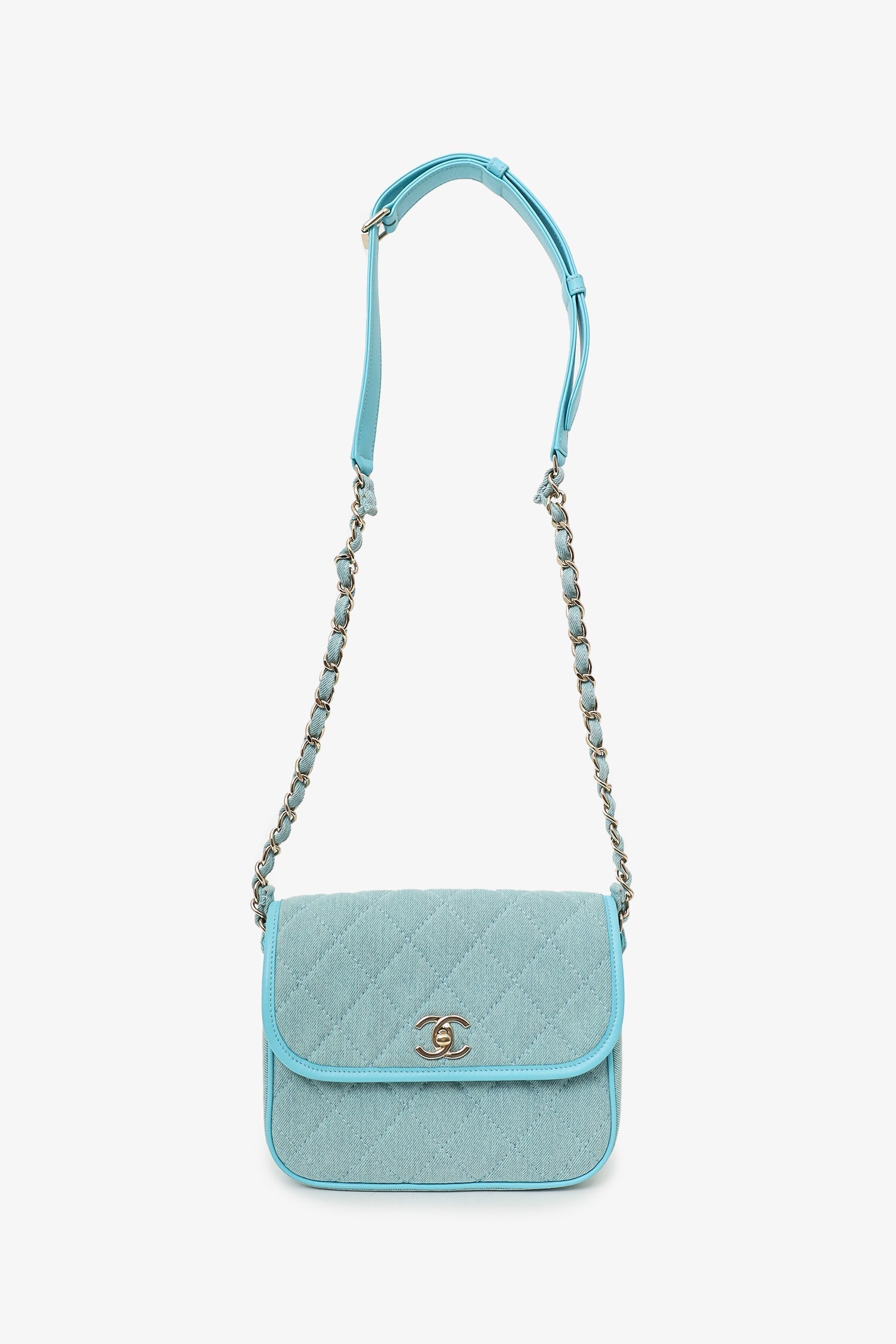 Chanel™ 2021 Blue Denim Quilted CC Small Messenger Flap Bag