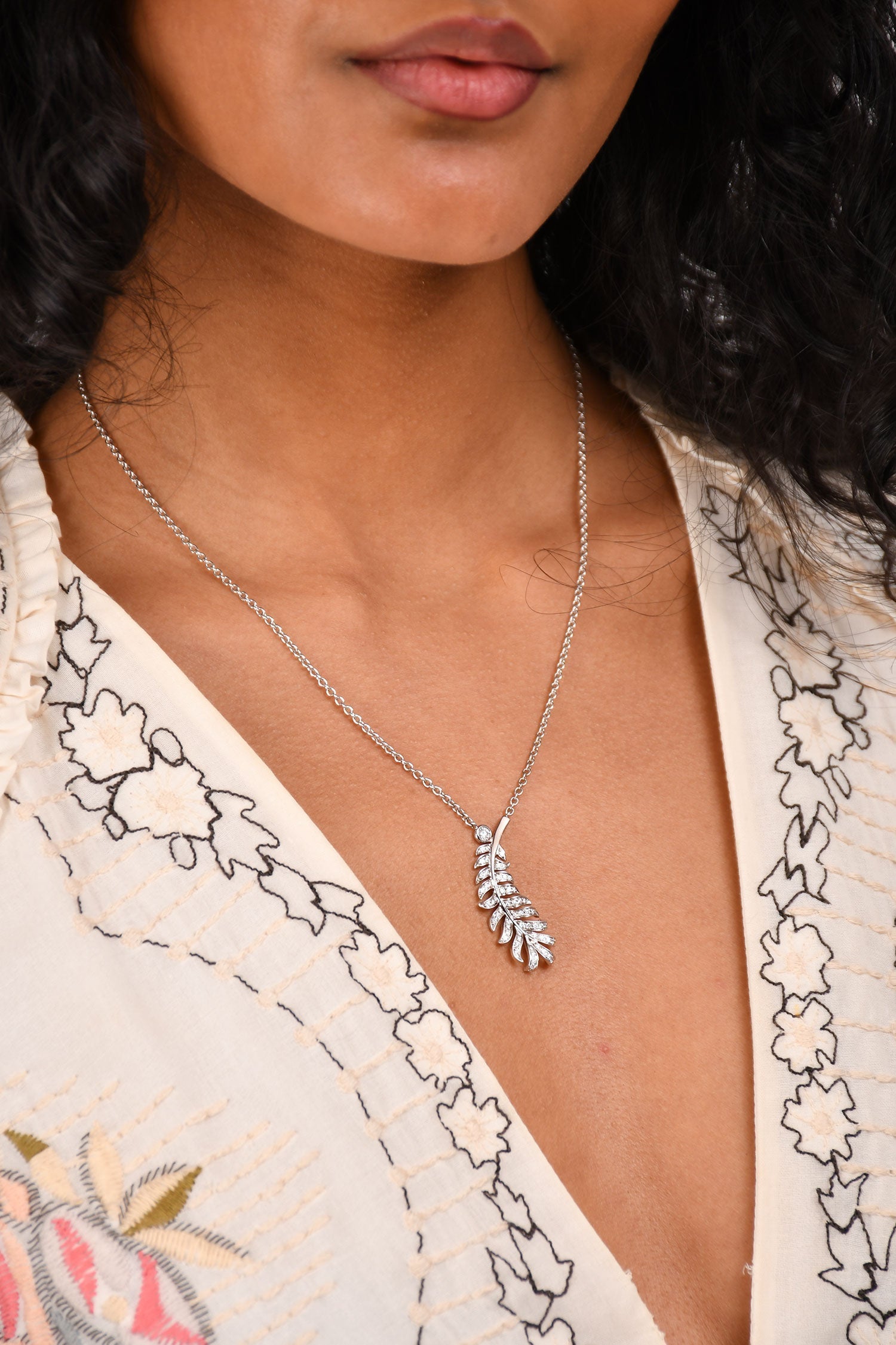 Chanel™ 18K White Gold Diamond Set Plume de Chanel Pendant Necklace