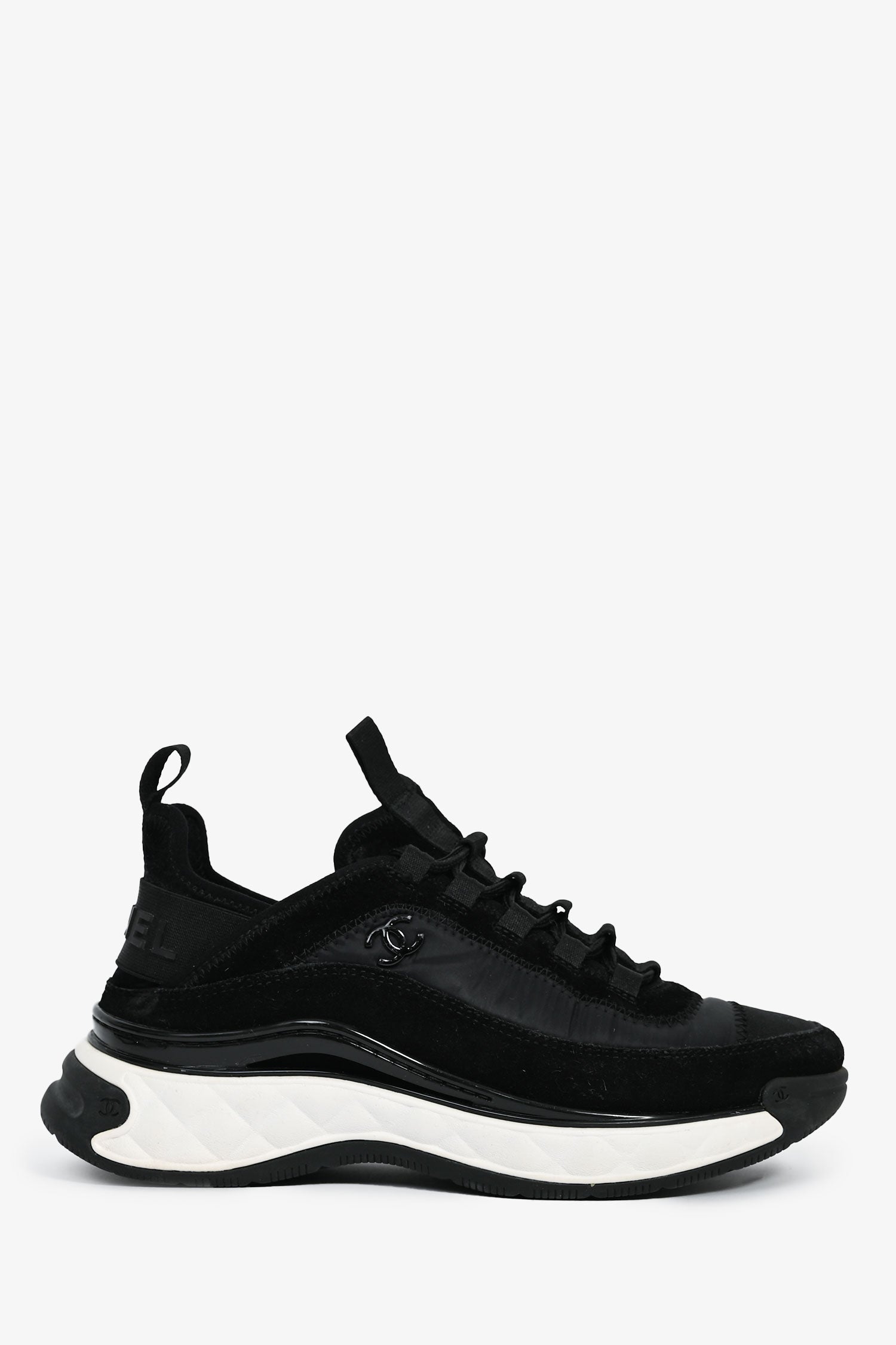 Chanel™ Black Nylon/ Leather CC Low Top Sneakers Size 36.5