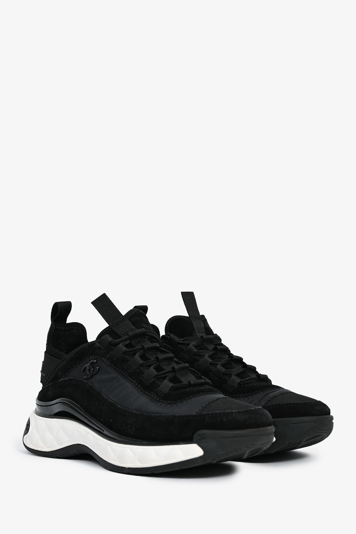 Chanel™ Black Nylon/ Leather CC Low Top Sneakers Size 36.5