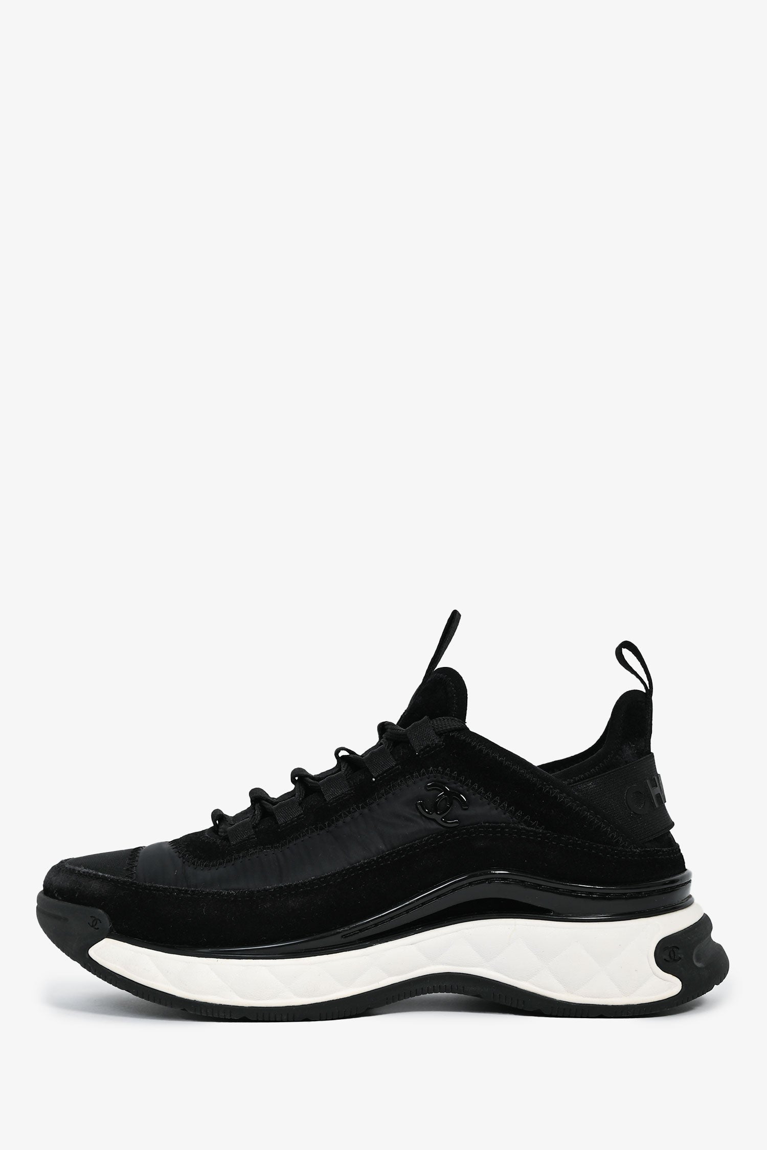 Chanel™ Black Nylon/ Leather CC Low Top Sneakers Size 36.5