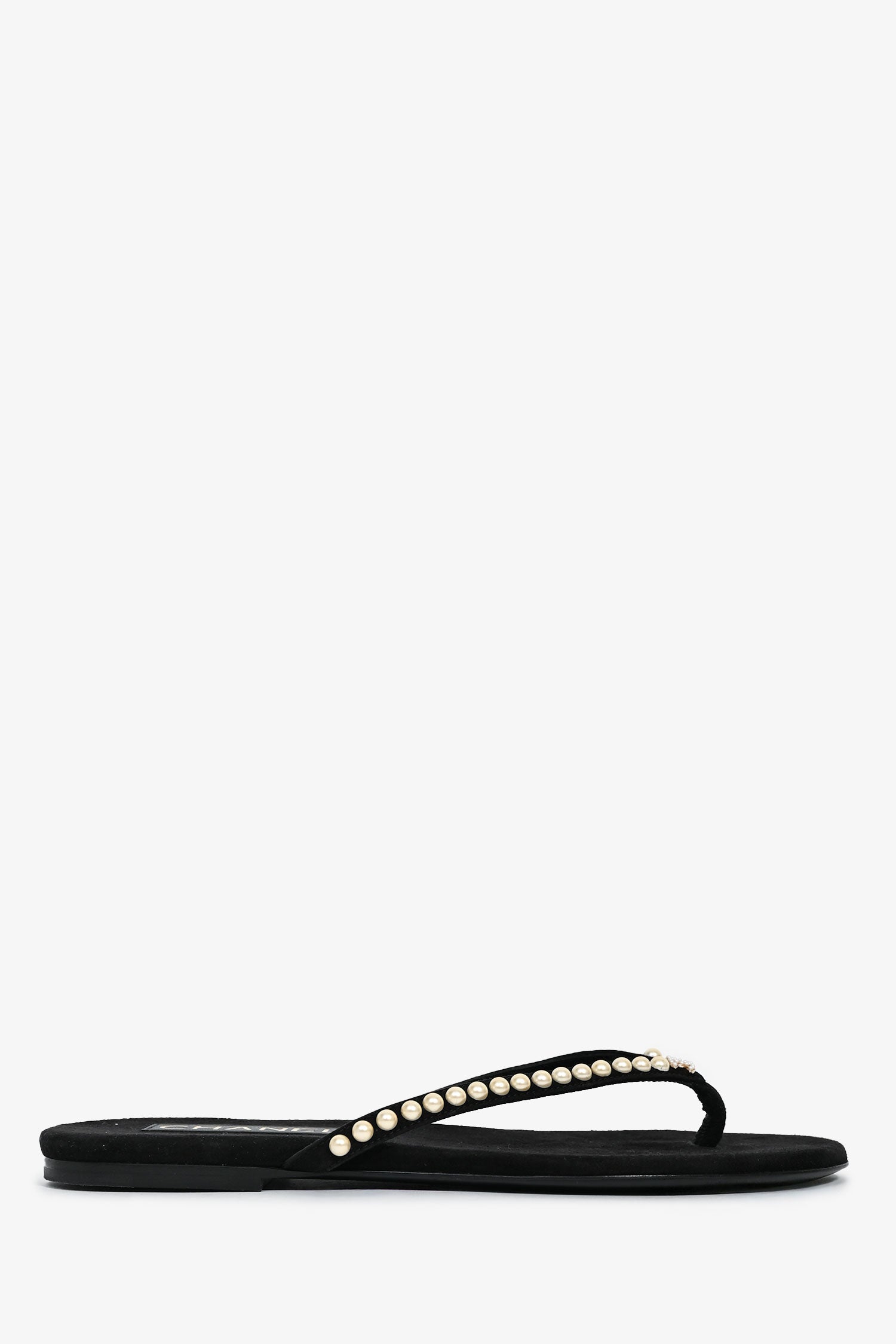 Chanel™ Black Suede Pearl Embellished CC Thong Sandals Size 37C
