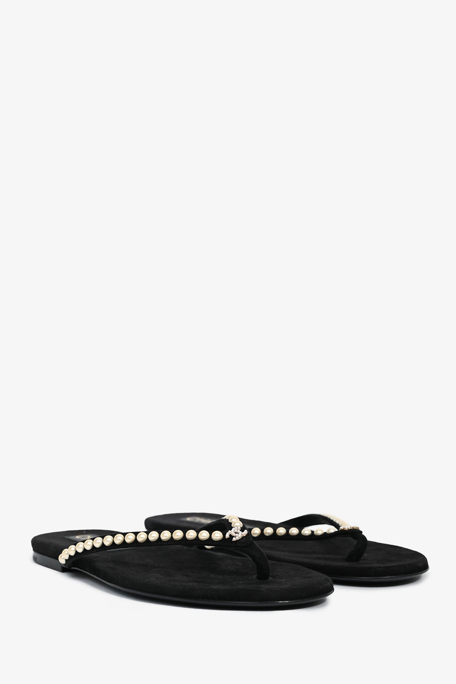 Chanel™ Black Suede Pearl Embellished CC Thong Sandals Size 37C