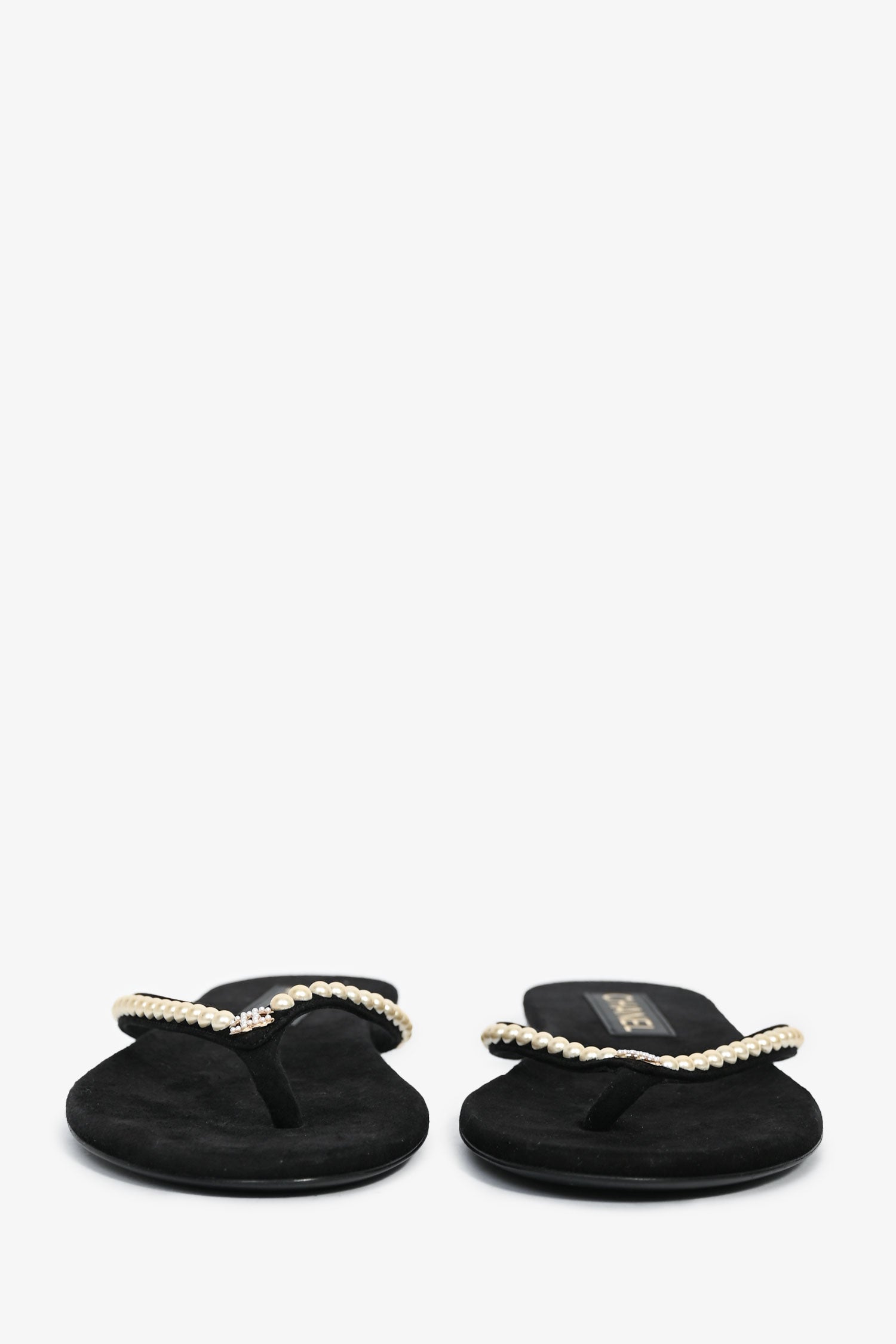 Chanel™ Black Suede Pearl Embellished CC Thong Sandals Size 37C