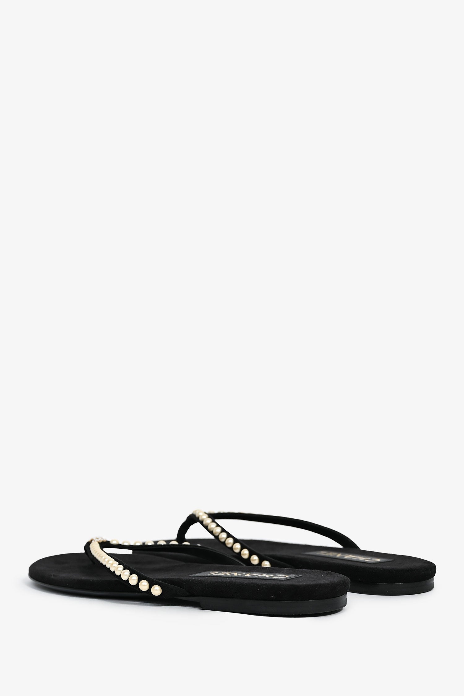 Chanel™ Black Suede Pearl Embellished CC Thong Sandals Size 37C