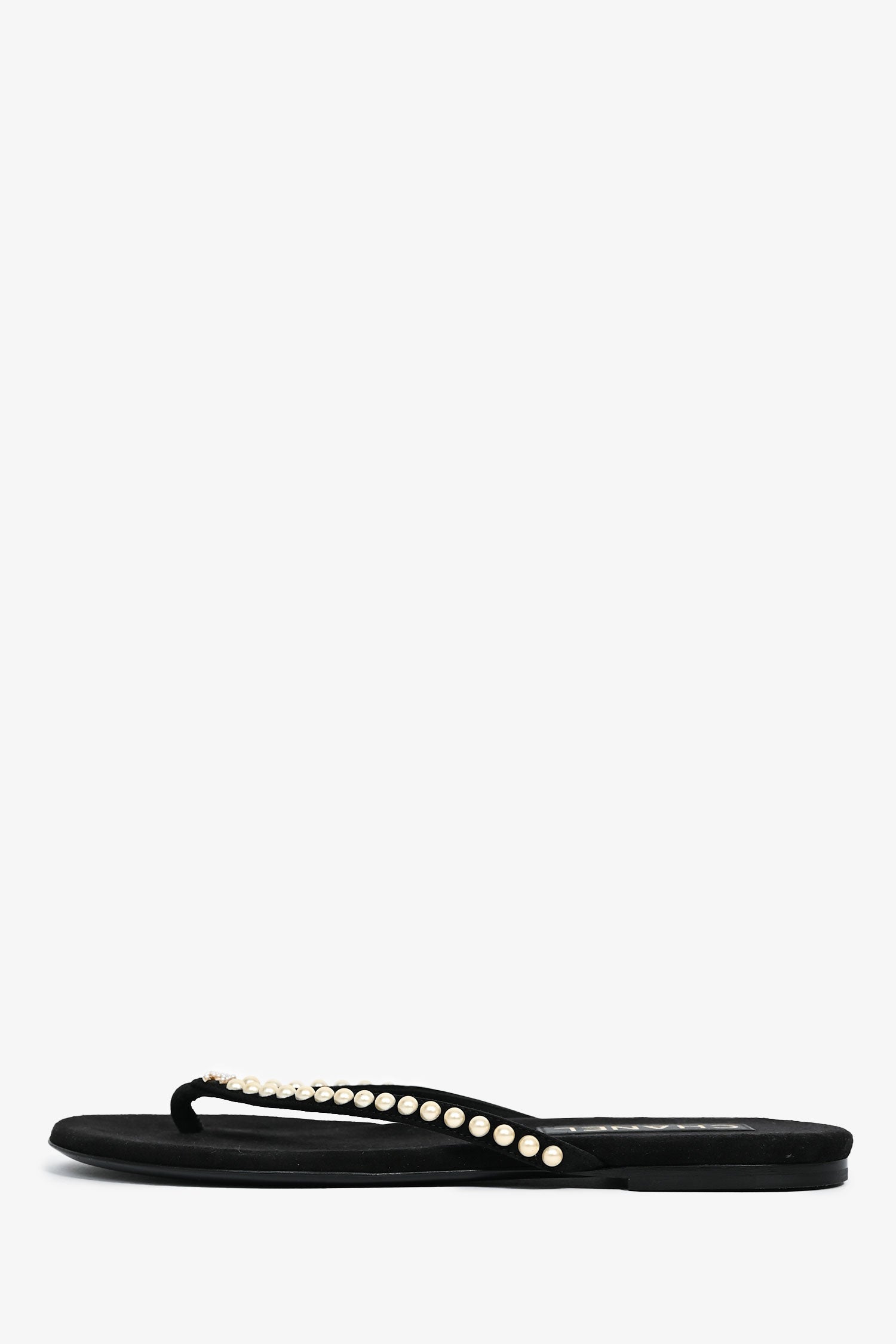 Chanel™ Black Suede Pearl Embellished CC Thong Sandals Size 37C