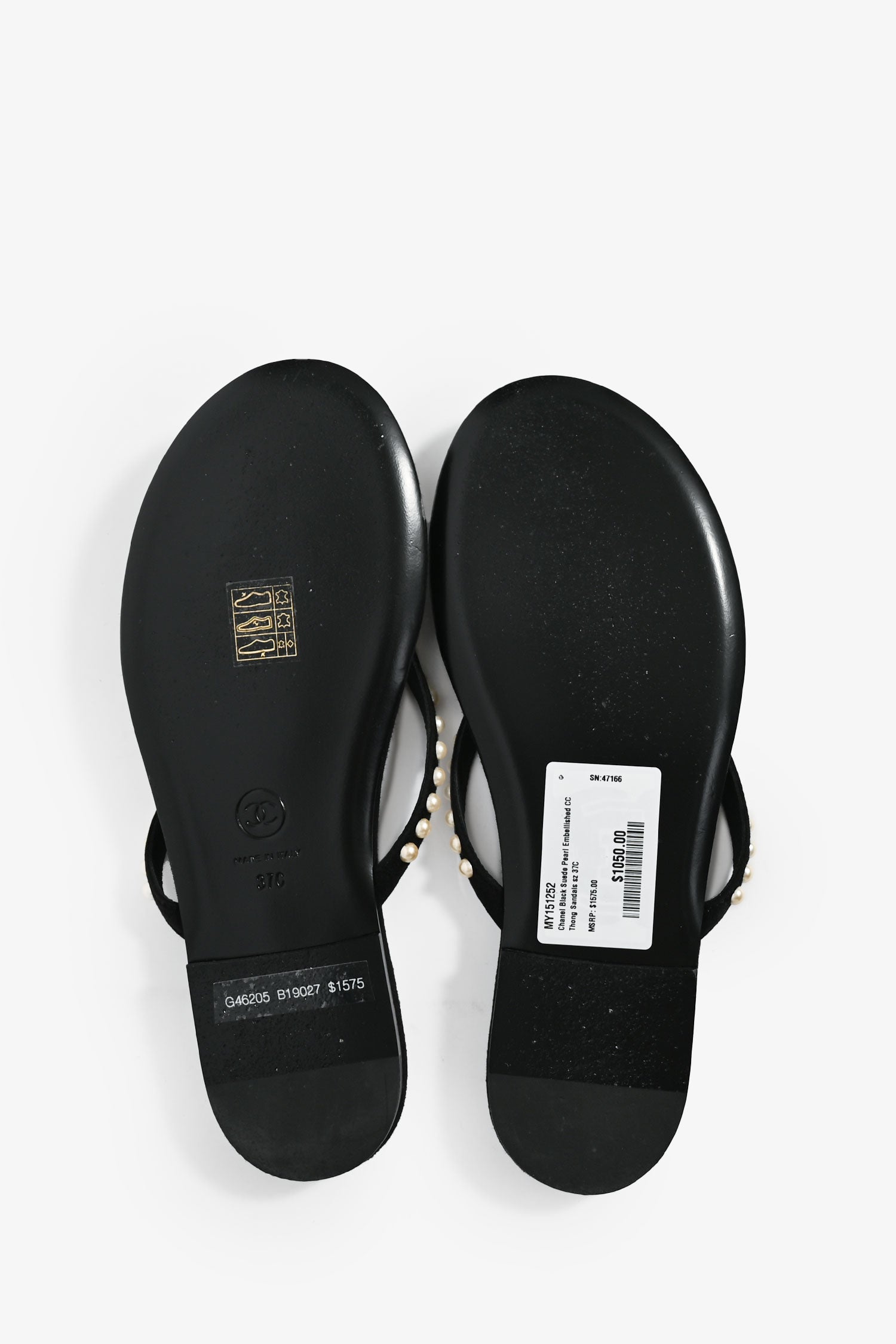 Chanel™ Black Suede Pearl Embellished CC Thong Sandals Size 37C