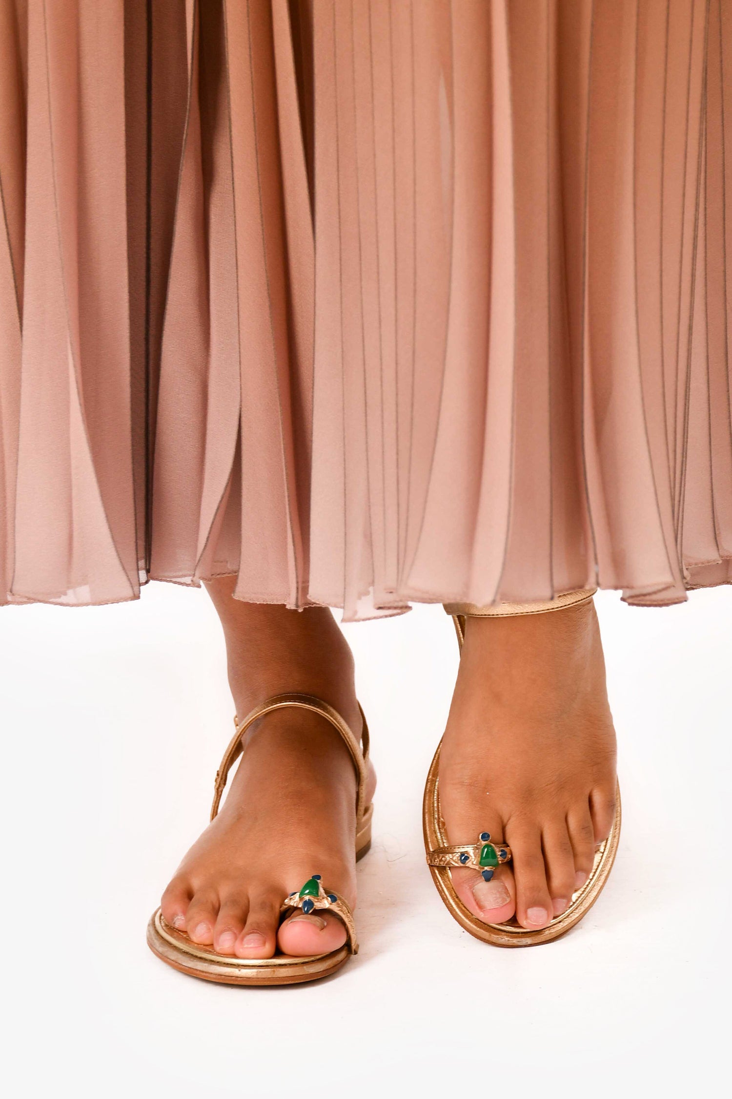 Chanel™ Gold Leather Jewelled Toe Ring Sandals Size 37