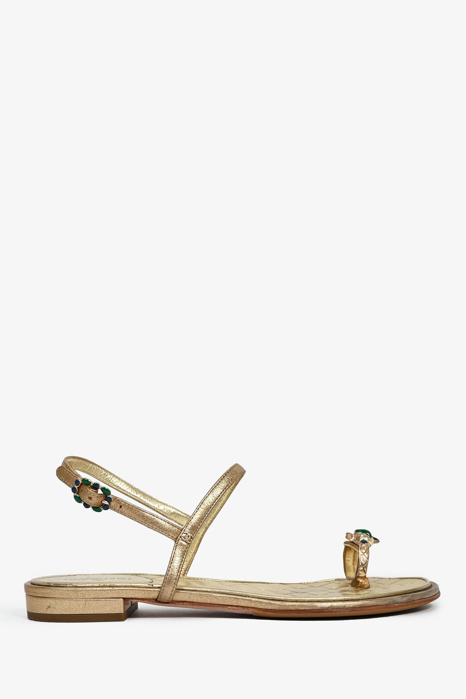 Chanel™ Gold Leather Jewelled Toe Ring Sandals Size 37