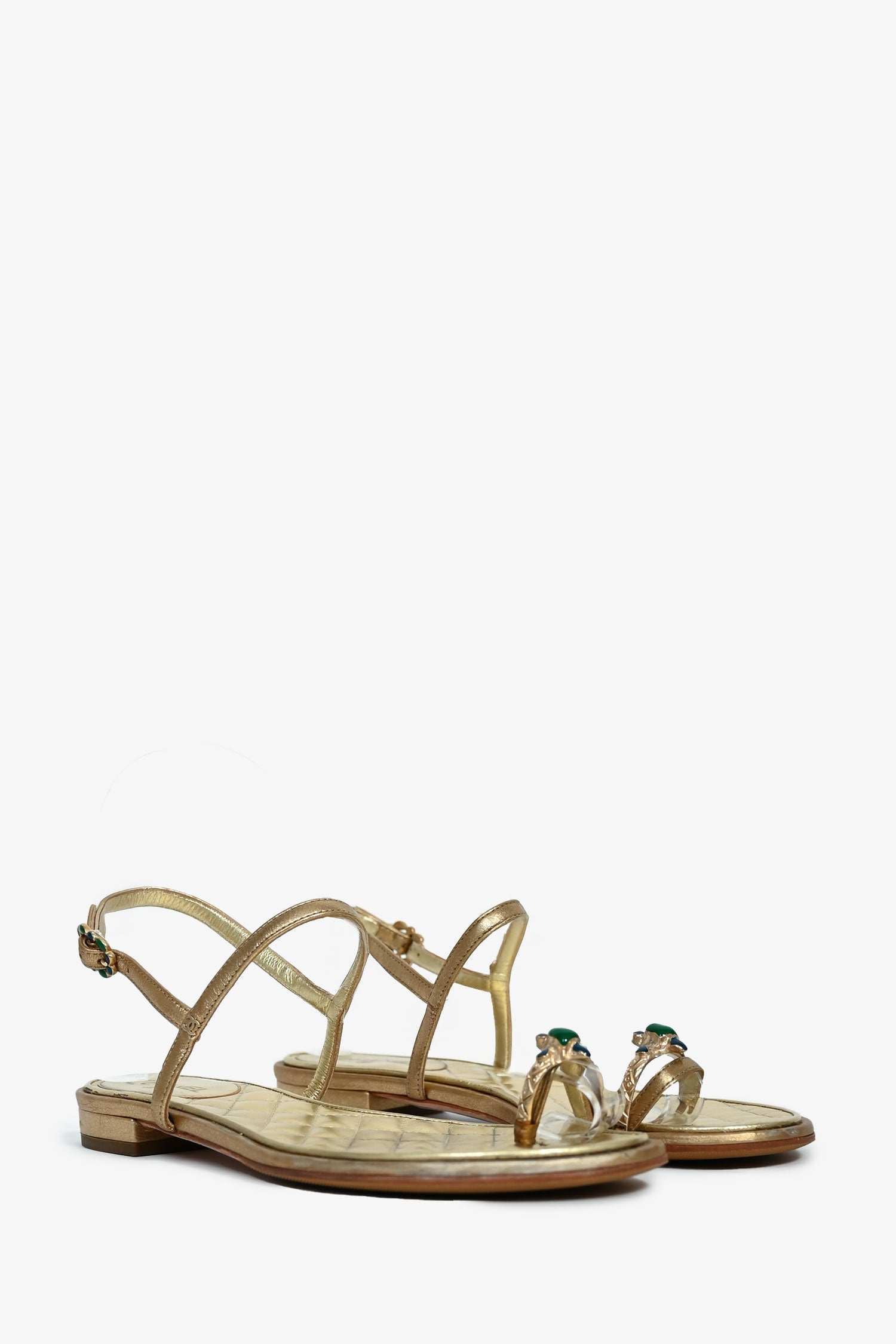 Chanel™ Gold Leather Jewelled Toe Ring Sandals Size 37