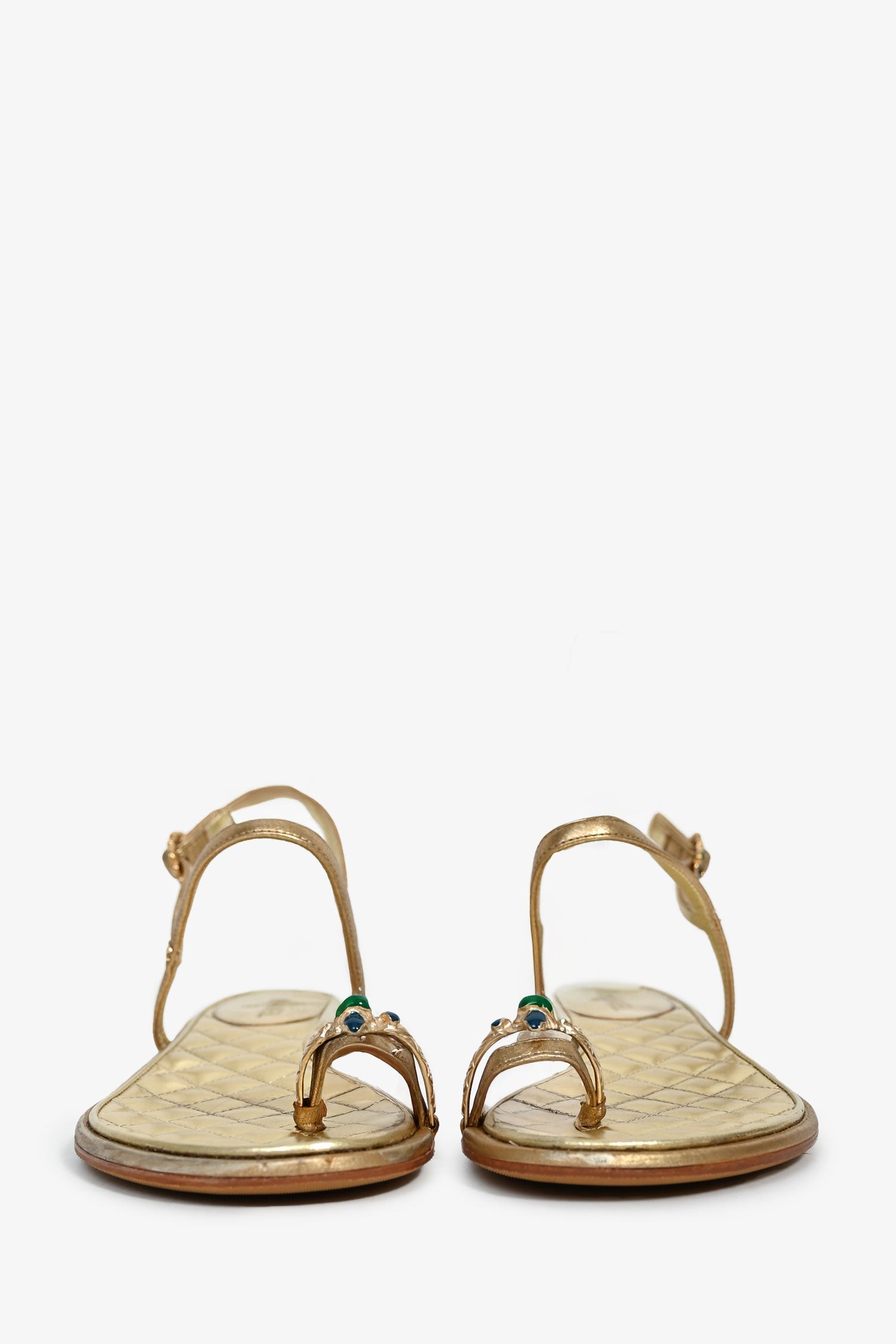 Chanel™ Gold Leather Jewelled Toe Ring Sandals Size 37