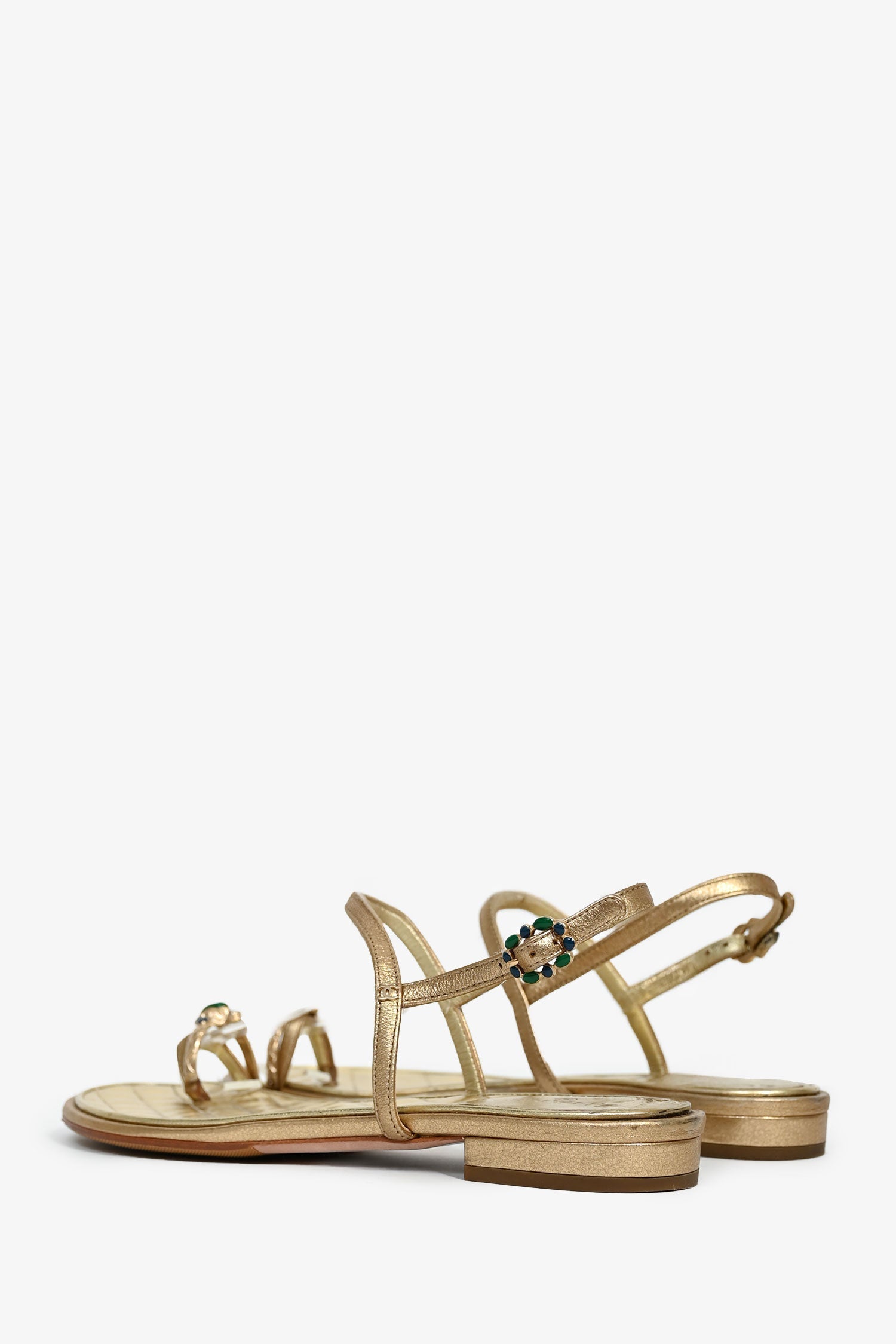Chanel™ Gold Leather Jewelled Toe Ring Sandals Size 37