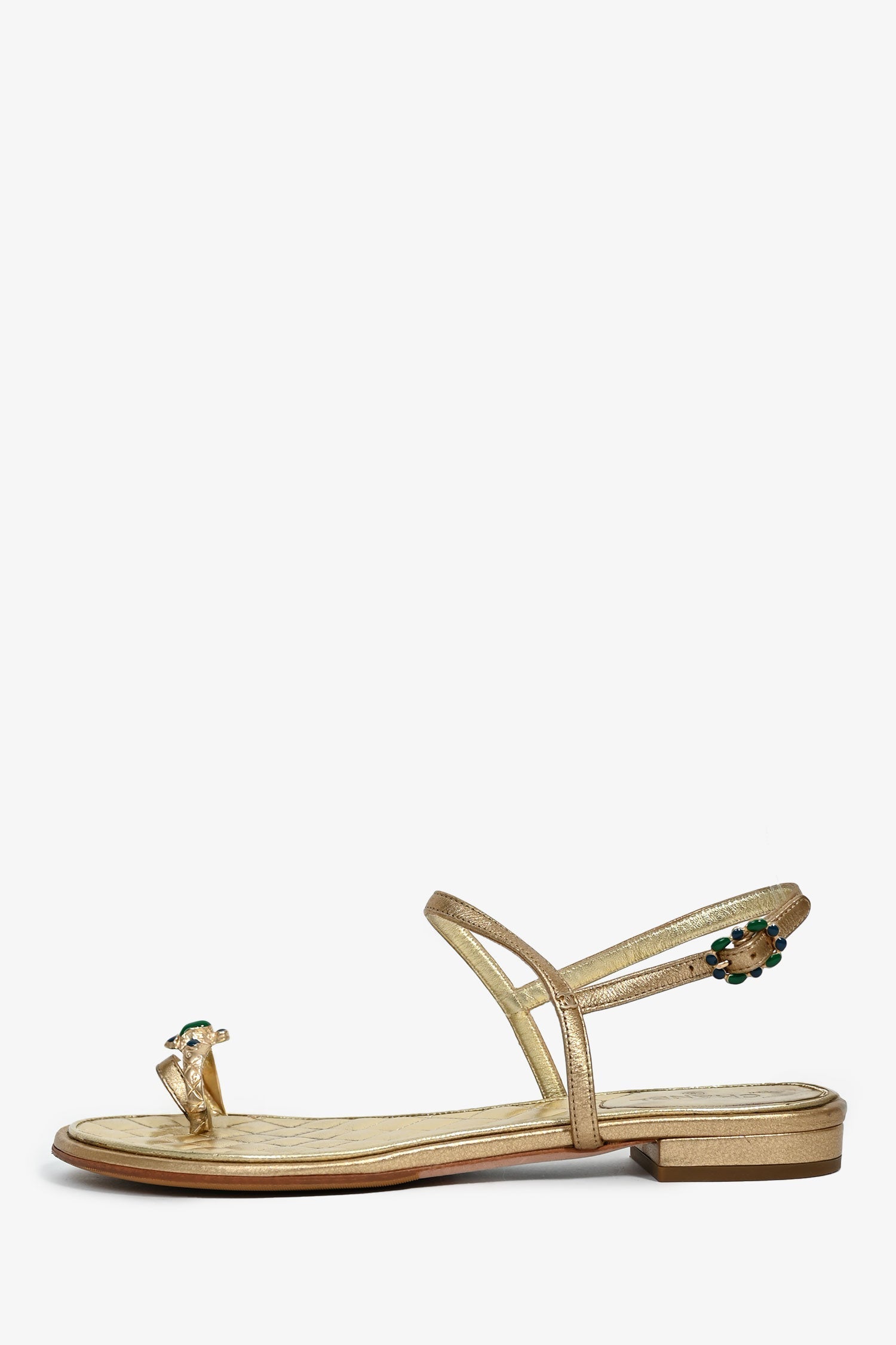 Chanel™ Gold Leather Jewelled Toe Ring Sandals Size 37