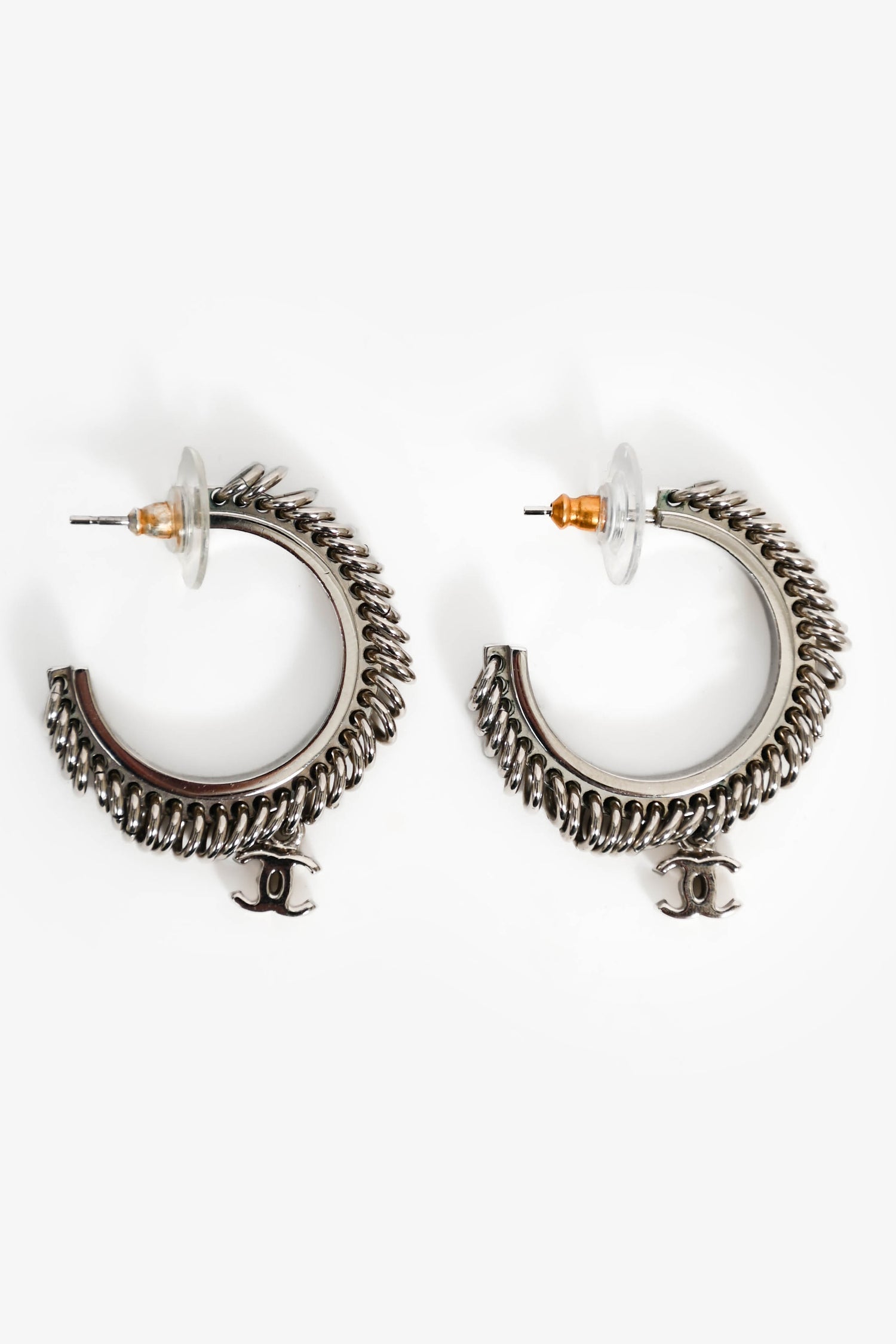 Chanel™ 2016 Silver Tone Multi Ring CC Hoop Earrings