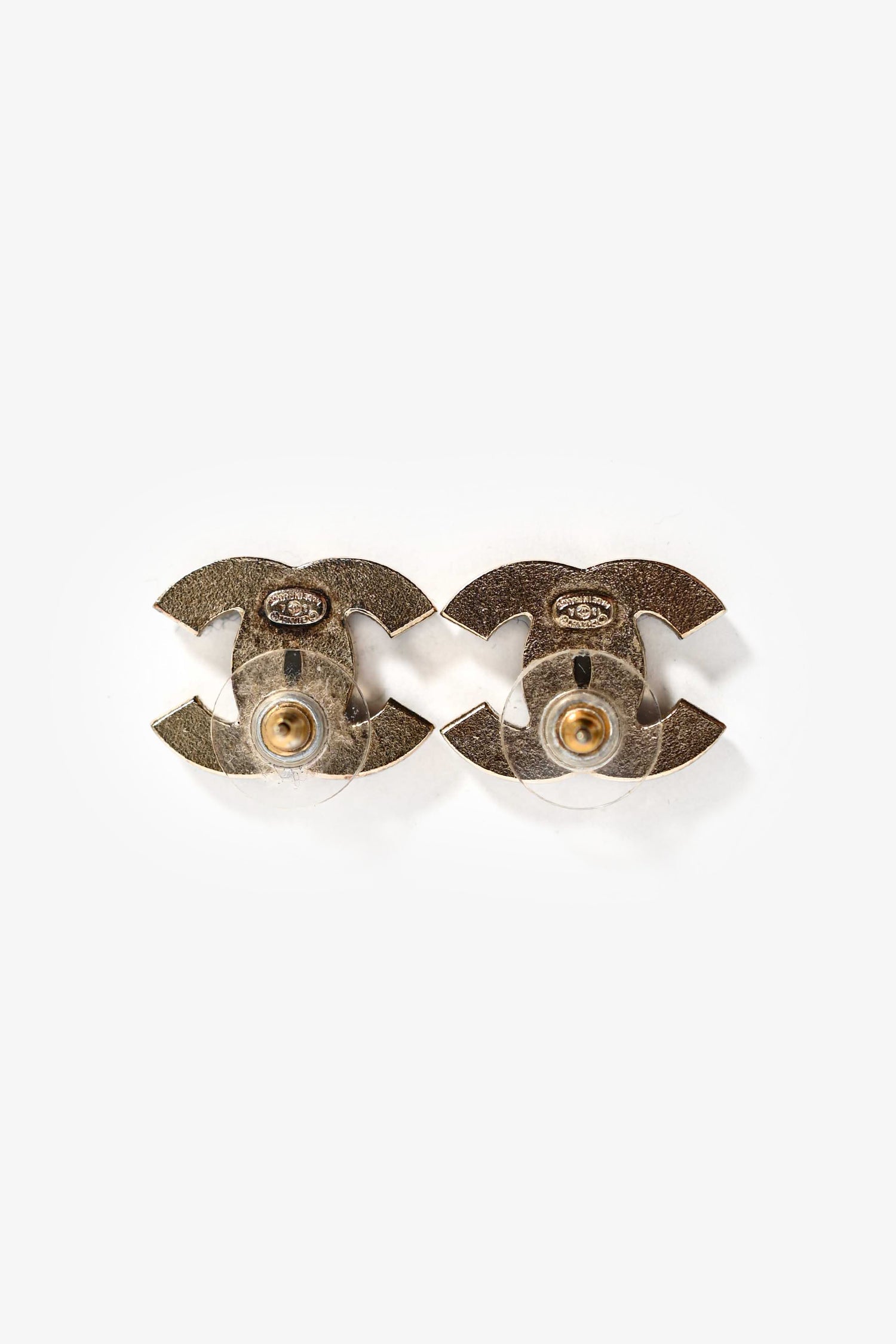 Chanel™ 2013 Gold Toned Metal/Green Tweed CC Stud Earrings