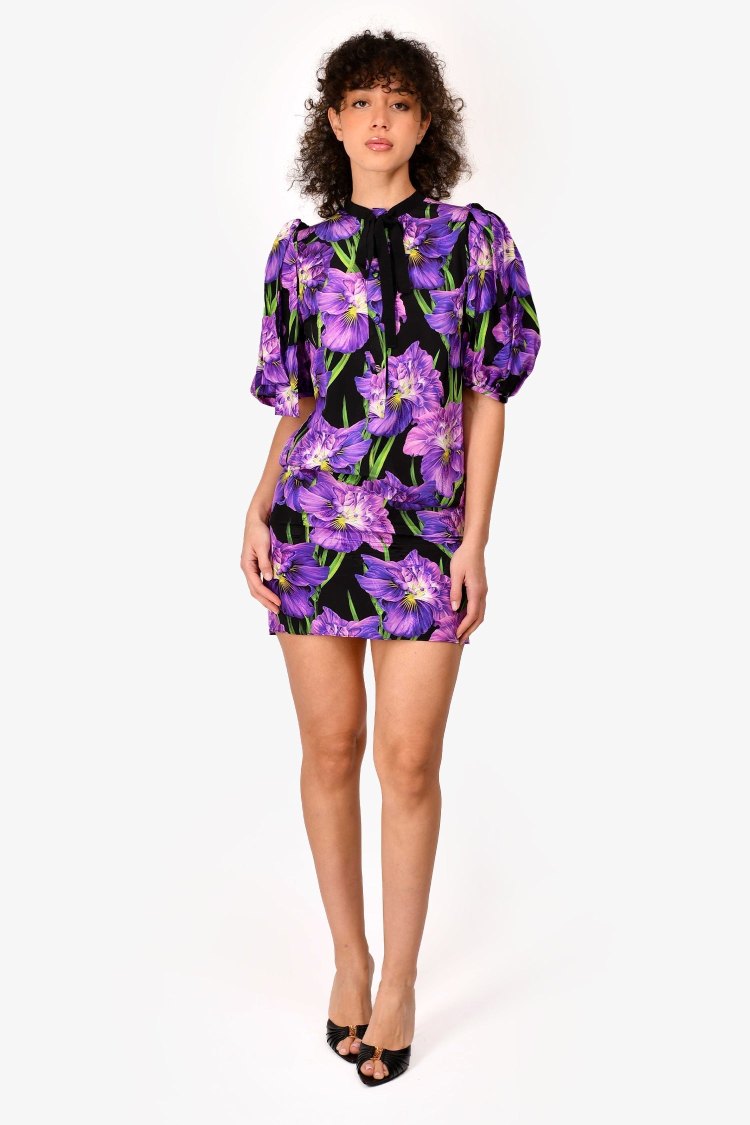 Gucci 2016 Purple/Black Silk Floral Printed Short Sleeve Mini Dress Size 36