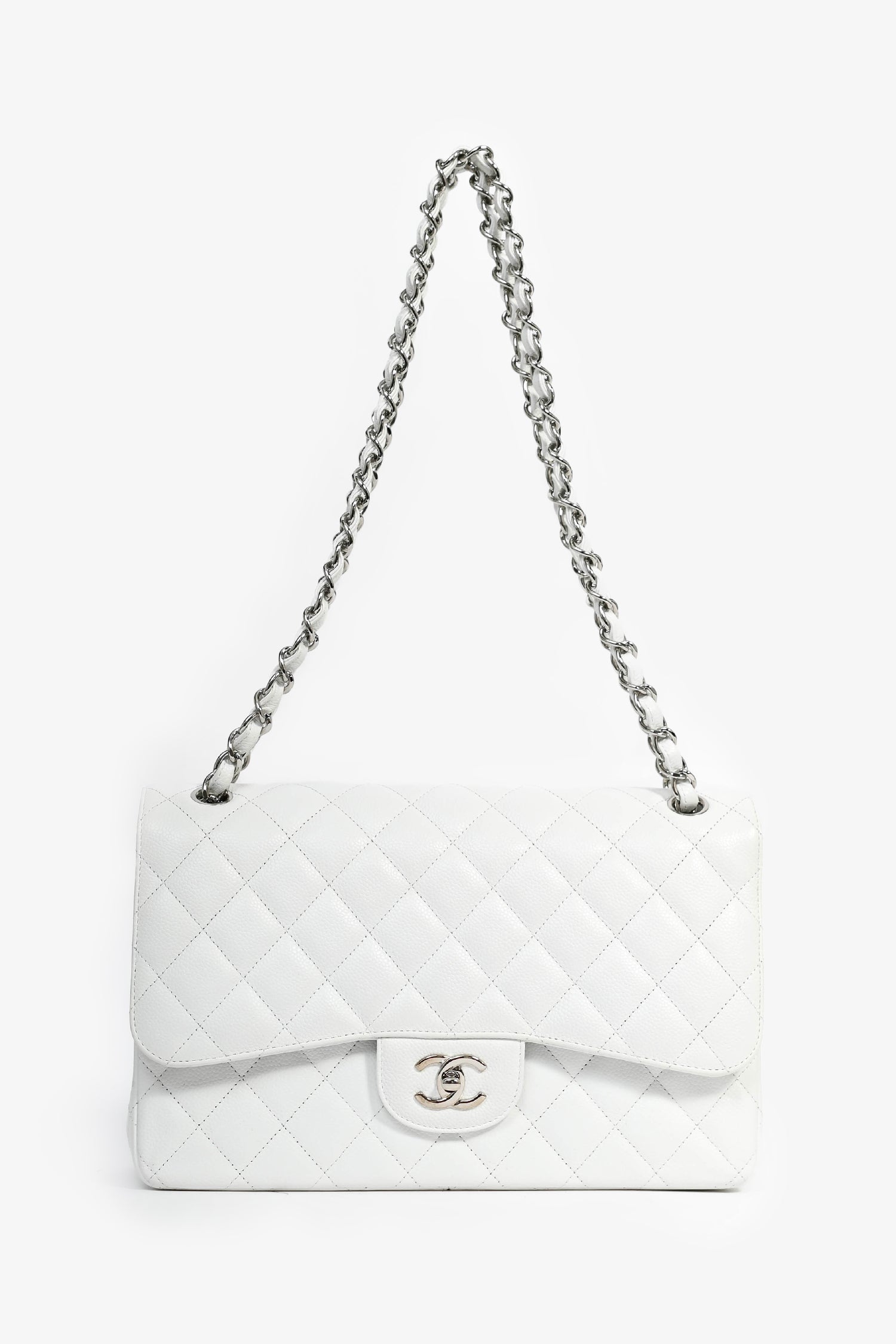 Chanel™ 2011 White Caviar Leather Jumbo Double Flap Shoulder Bag