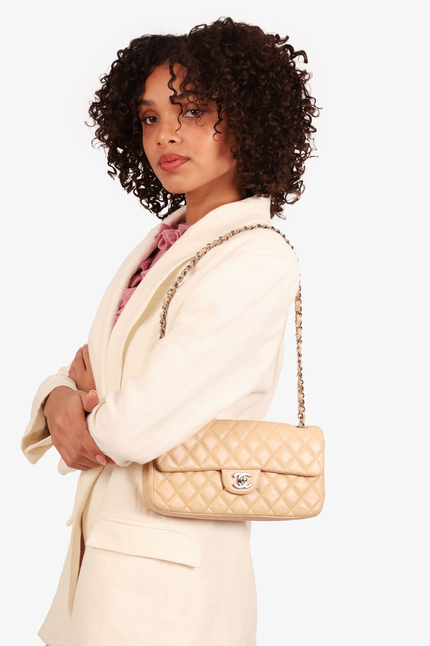Chanel™ 2010-11 Beige Quilted Lambskin East/West Single Flap Bag