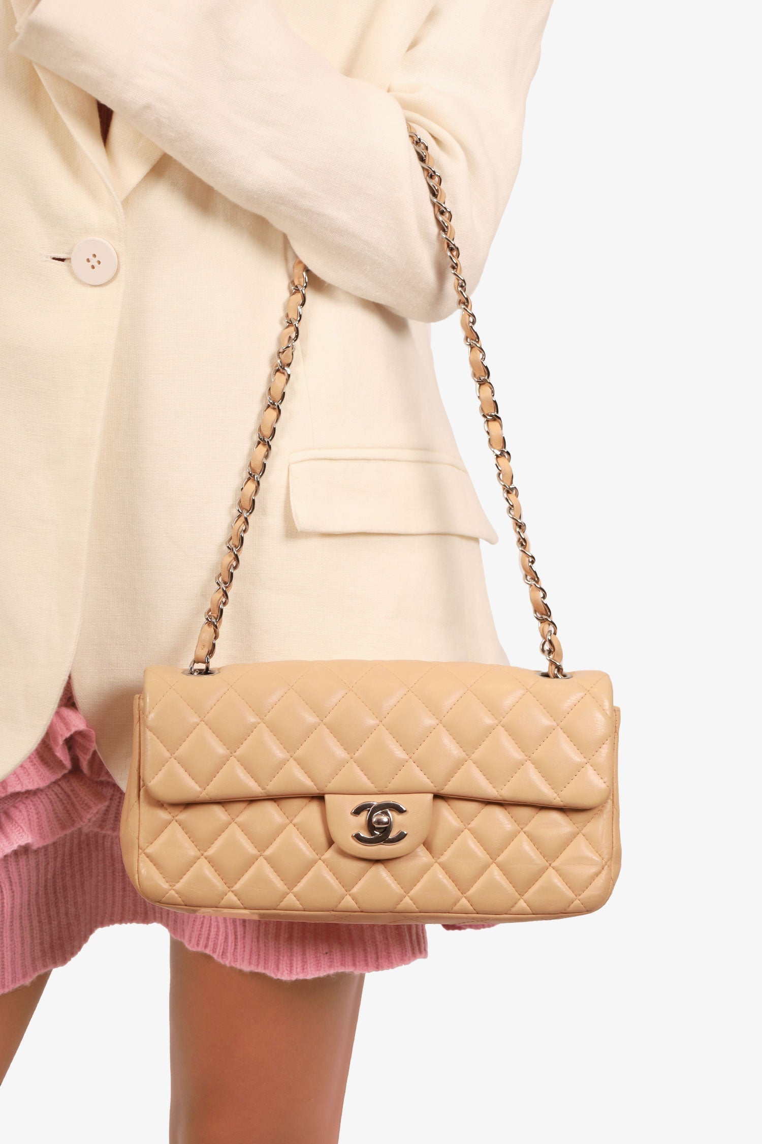 Chanel™ 2010-11 Beige Quilted Lambskin East/West Single Flap Bag