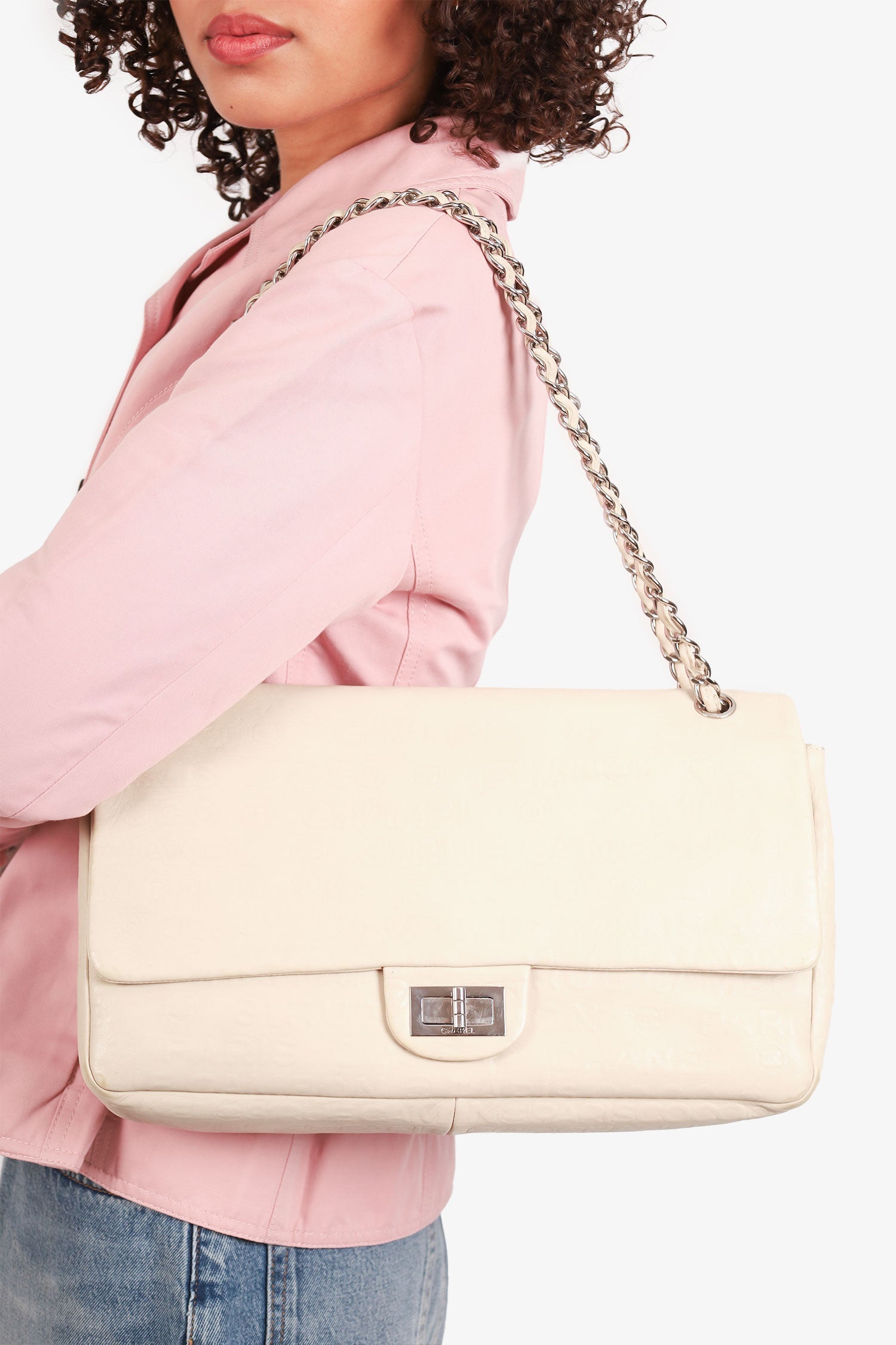 Chanel™ 2008-09 White Embossed CC Calfskin Unlimited Reissue 228 Flap Bag