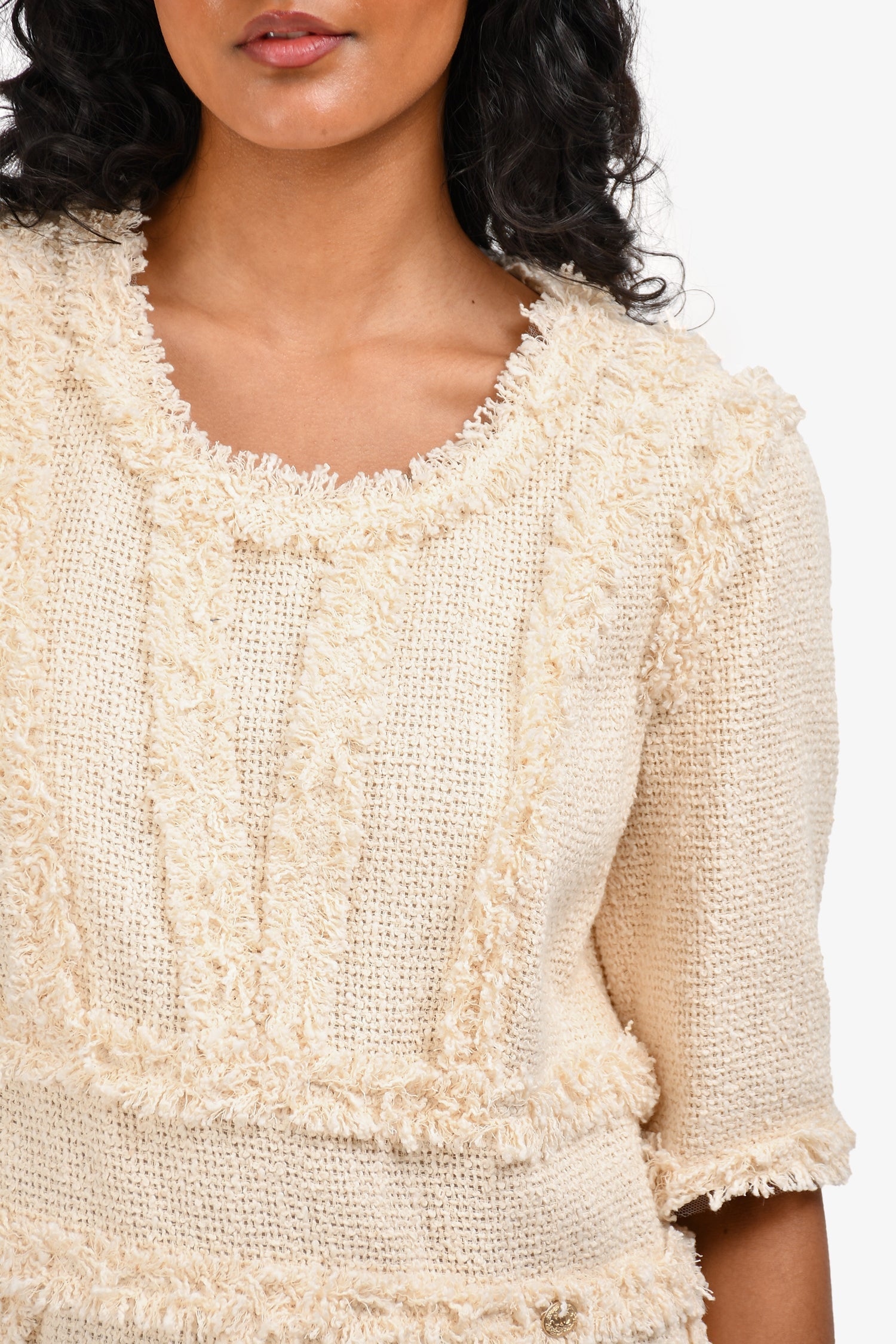 Chanel™ Cream Tweed Short Sleeve Fringe CC Shift Dress Size 40