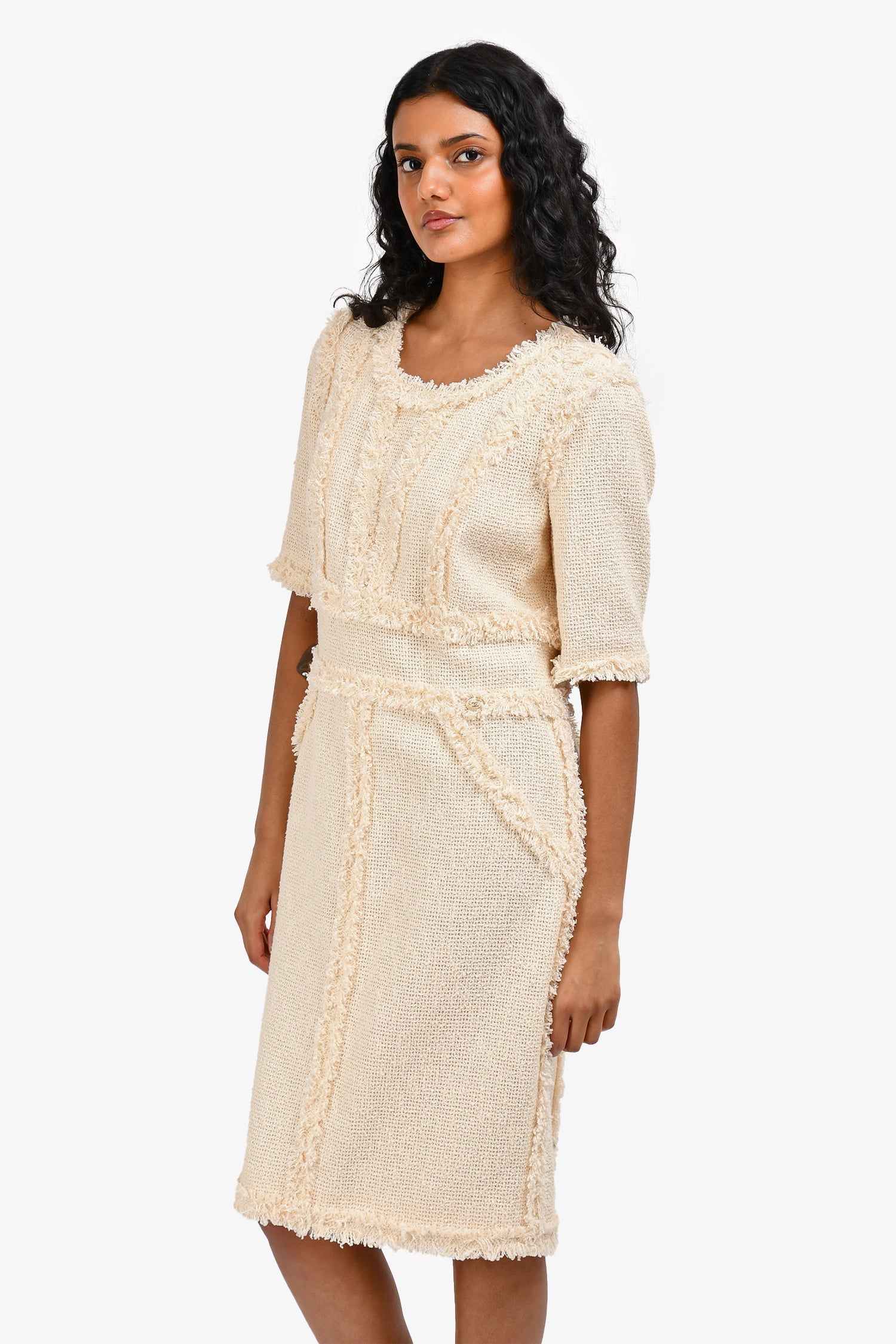 Chanel™ Cream Tweed Short Sleeve Fringe CC Shift Dress Size 40