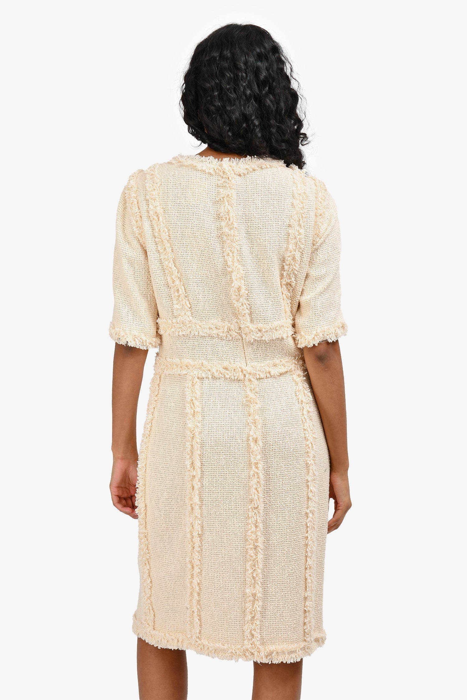 Chanel™ Cream Tweed Short Sleeve Fringe CC Shift Dress Size 40