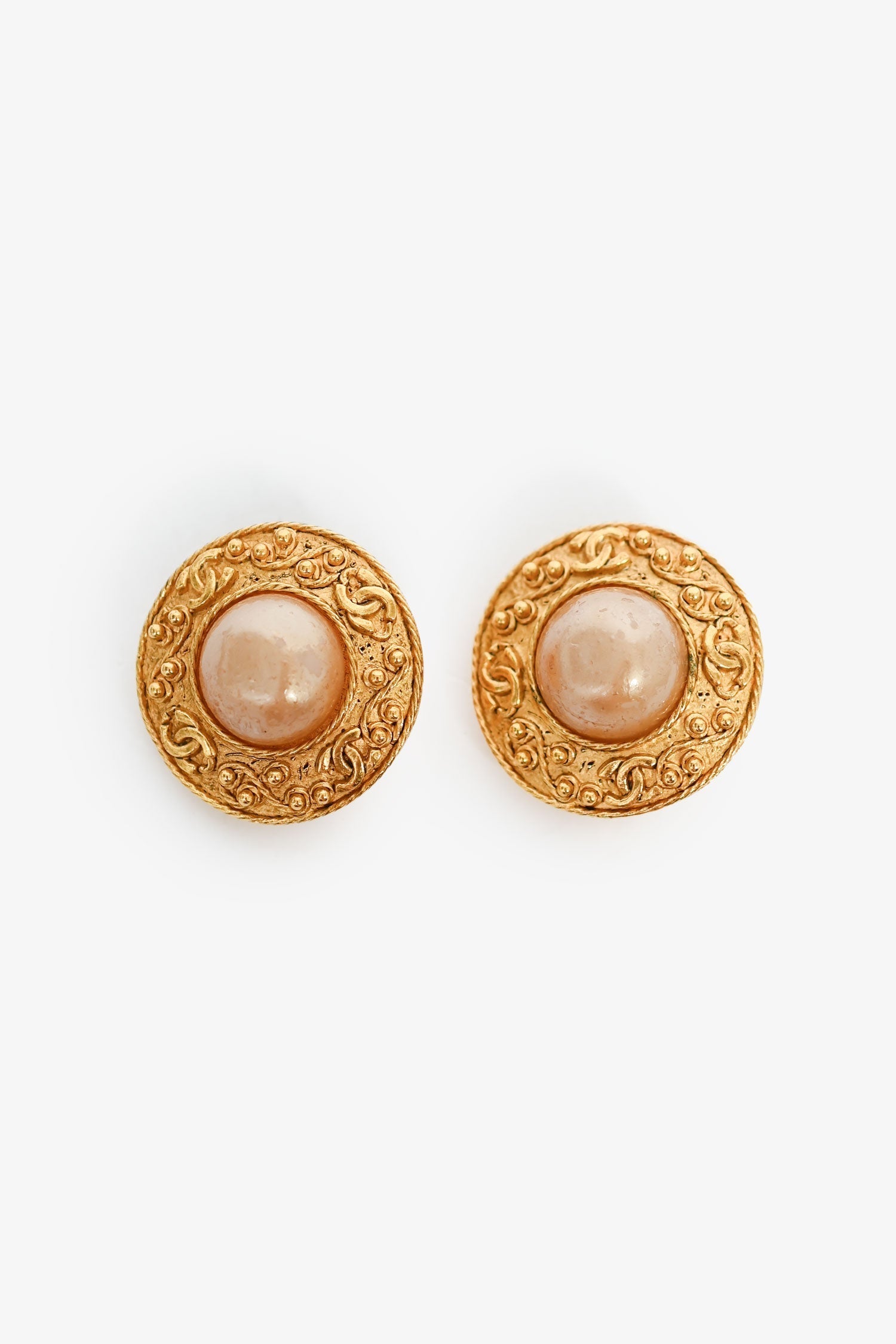 Chanel™ Gold Plated Round Pearl CC Clip-On Earrings