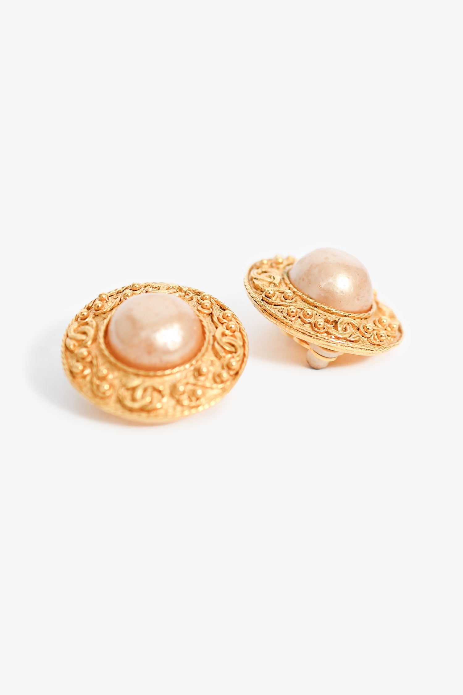 Chanel™ Gold Plated Round Pearl CC Clip-On Earrings