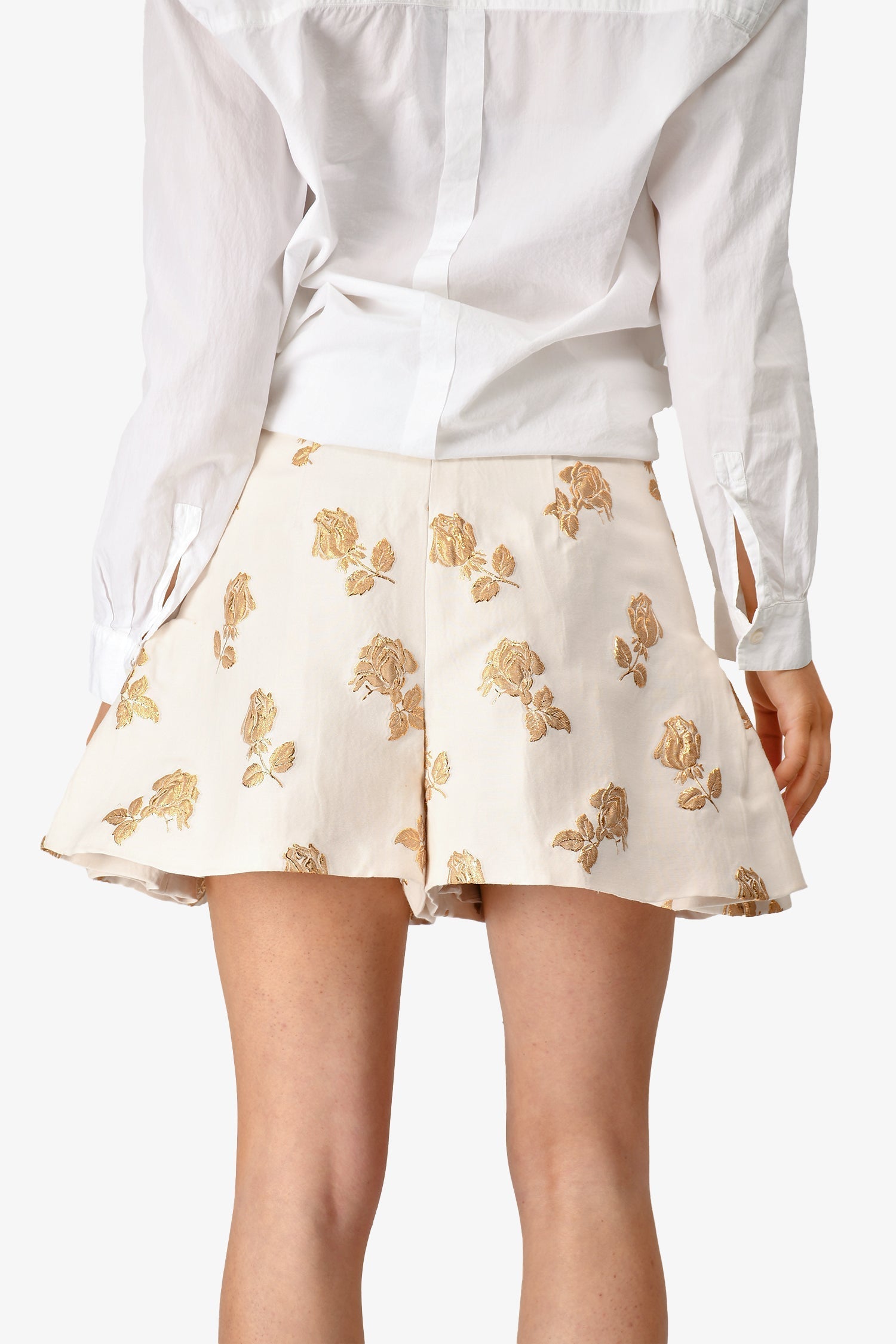 Chanel™ 2013 Cream/Gold Silk Rose Embroidered High Waisted Shorts Size 38 (As Is)