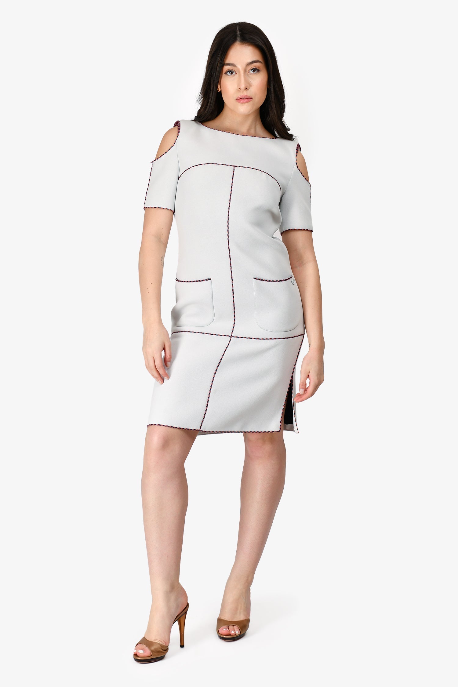 Chanel™ Light Grey/Multi Coloured Braided Trim Cold Shoulder Shift Dress Size 38