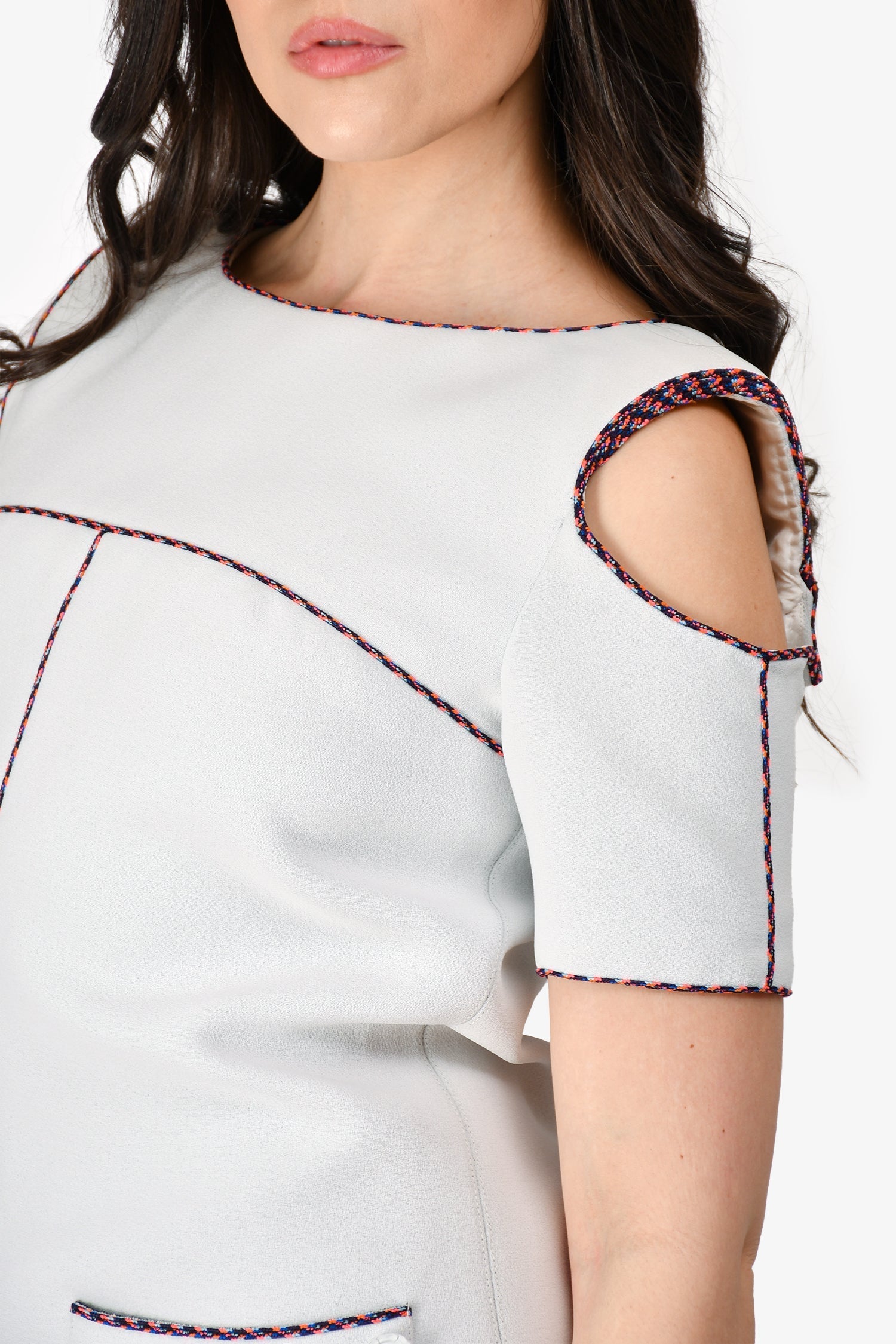 Chanel™ Light Grey/Multi Coloured Braided Trim Cold Shoulder Shift Dress Size 38