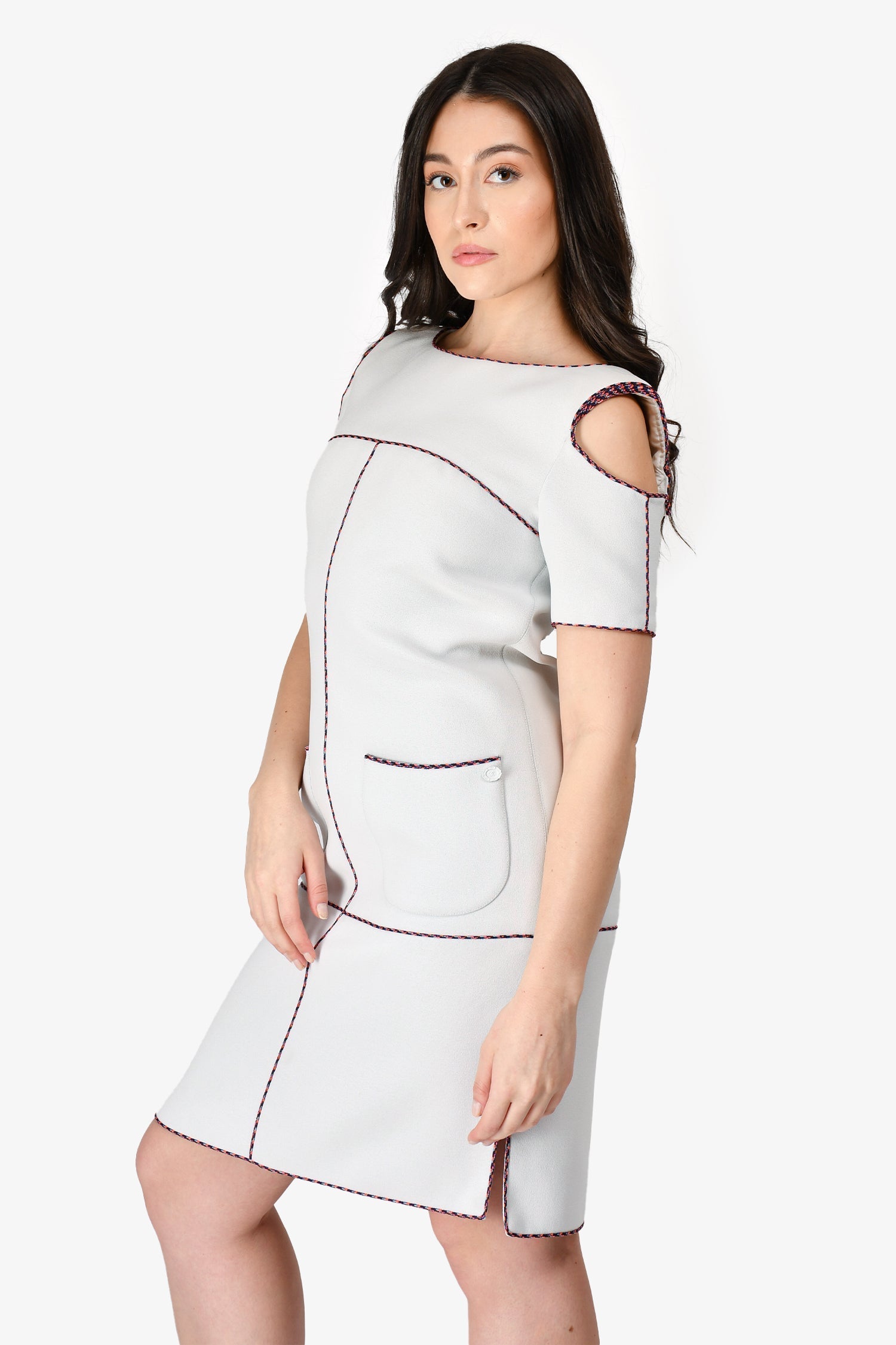 Chanel™ Light Grey/Multi Coloured Braided Trim Cold Shoulder Shift Dress Size 38
