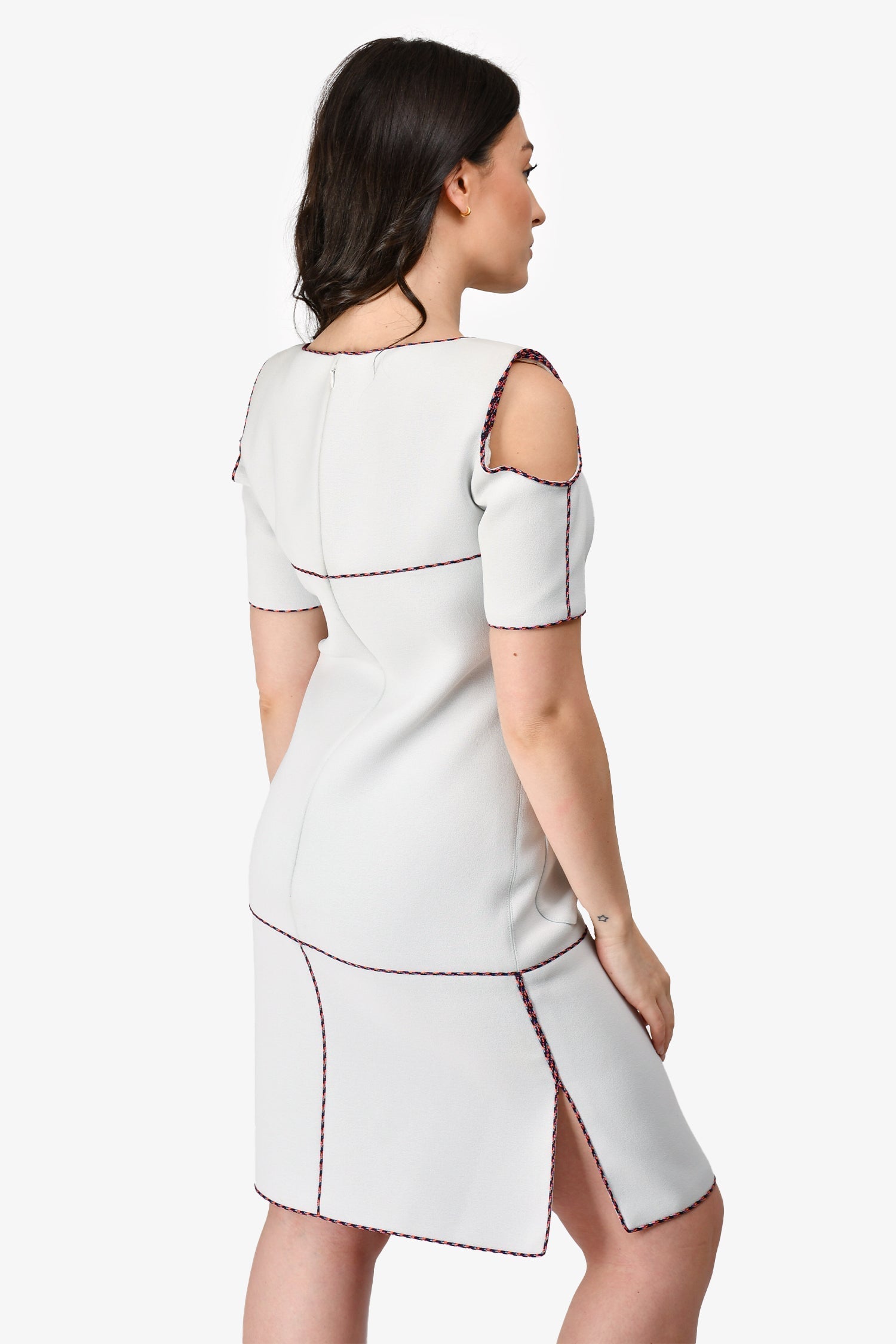 Chanel™ Light Grey/Multi Coloured Braided Trim Cold Shoulder Shift Dress Size 38