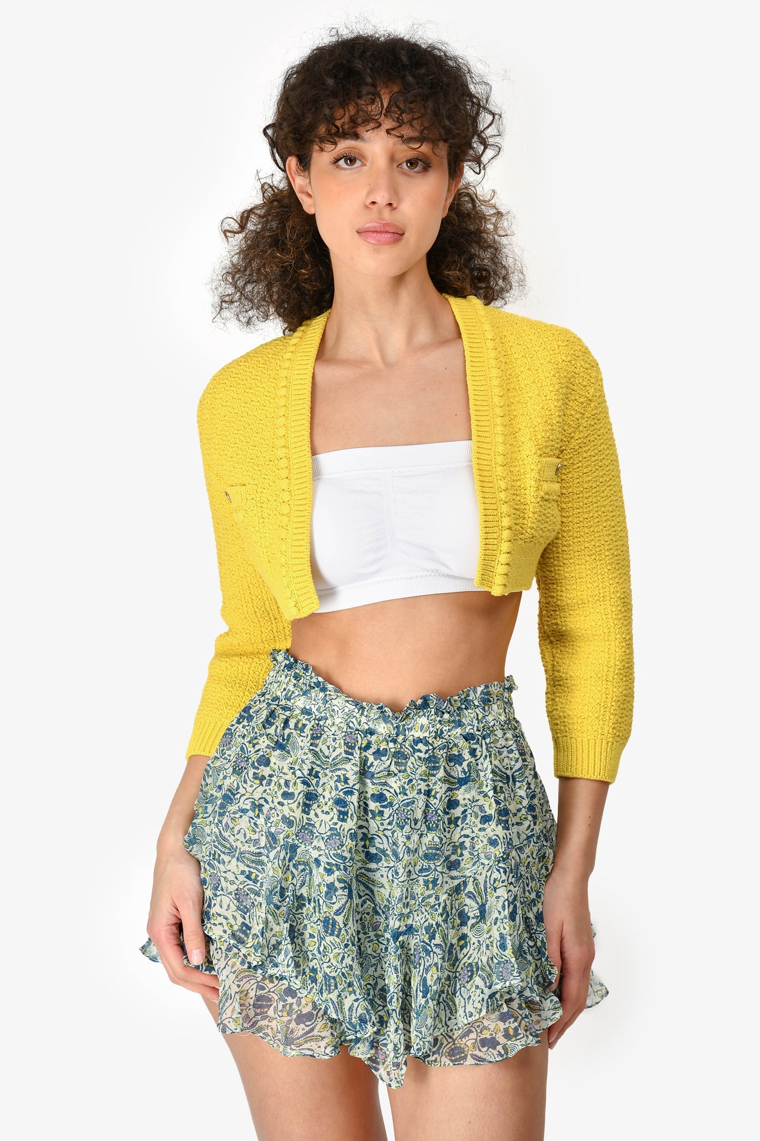 Chanel™ Short Sleeve 2020 Yellow Cotton Blend Knit Cropped Cardigan Size 34