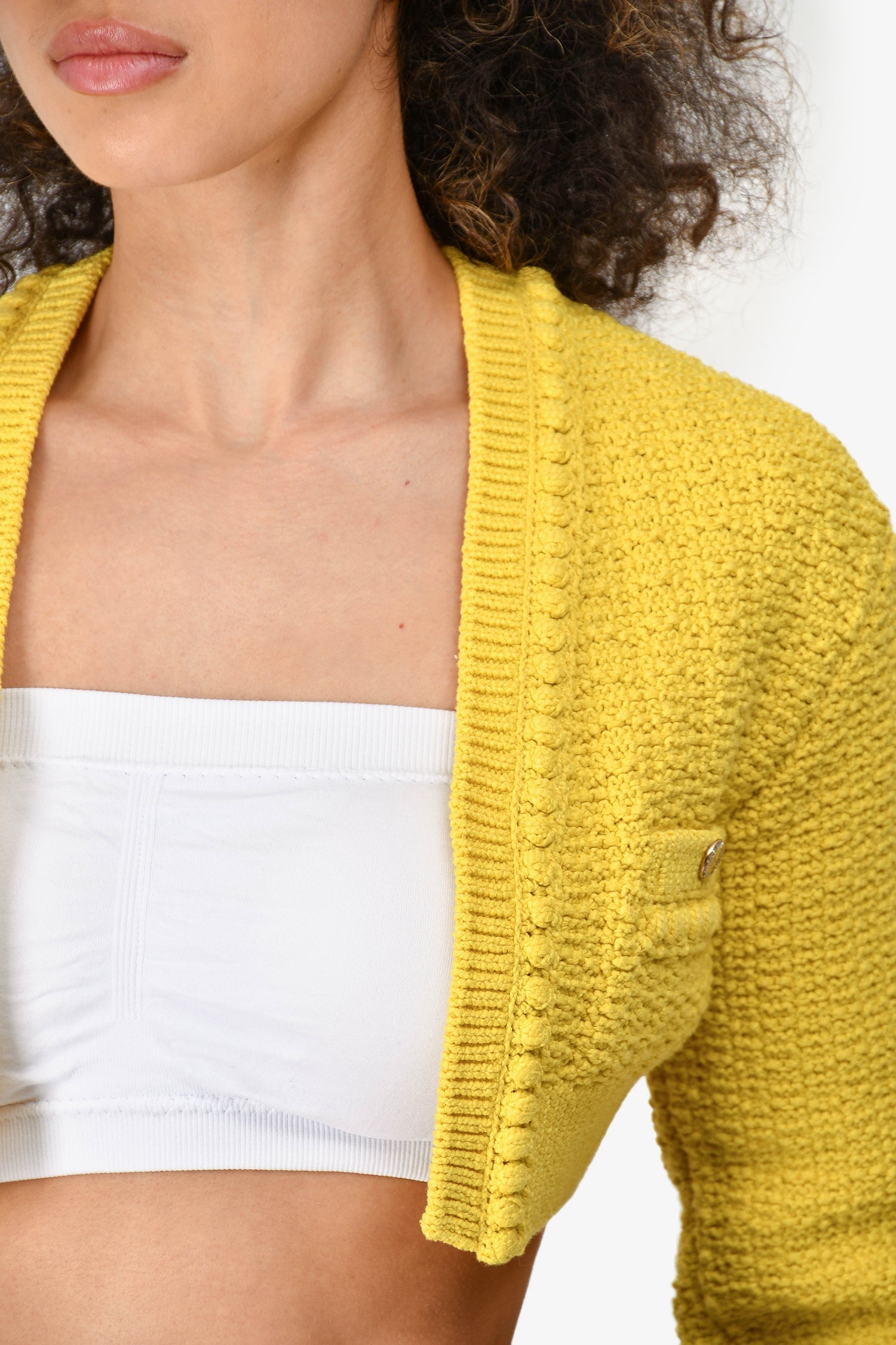 Chanel™ Short Sleeve 2020 Yellow Cotton Blend Knit Cropped Cardigan Size 34