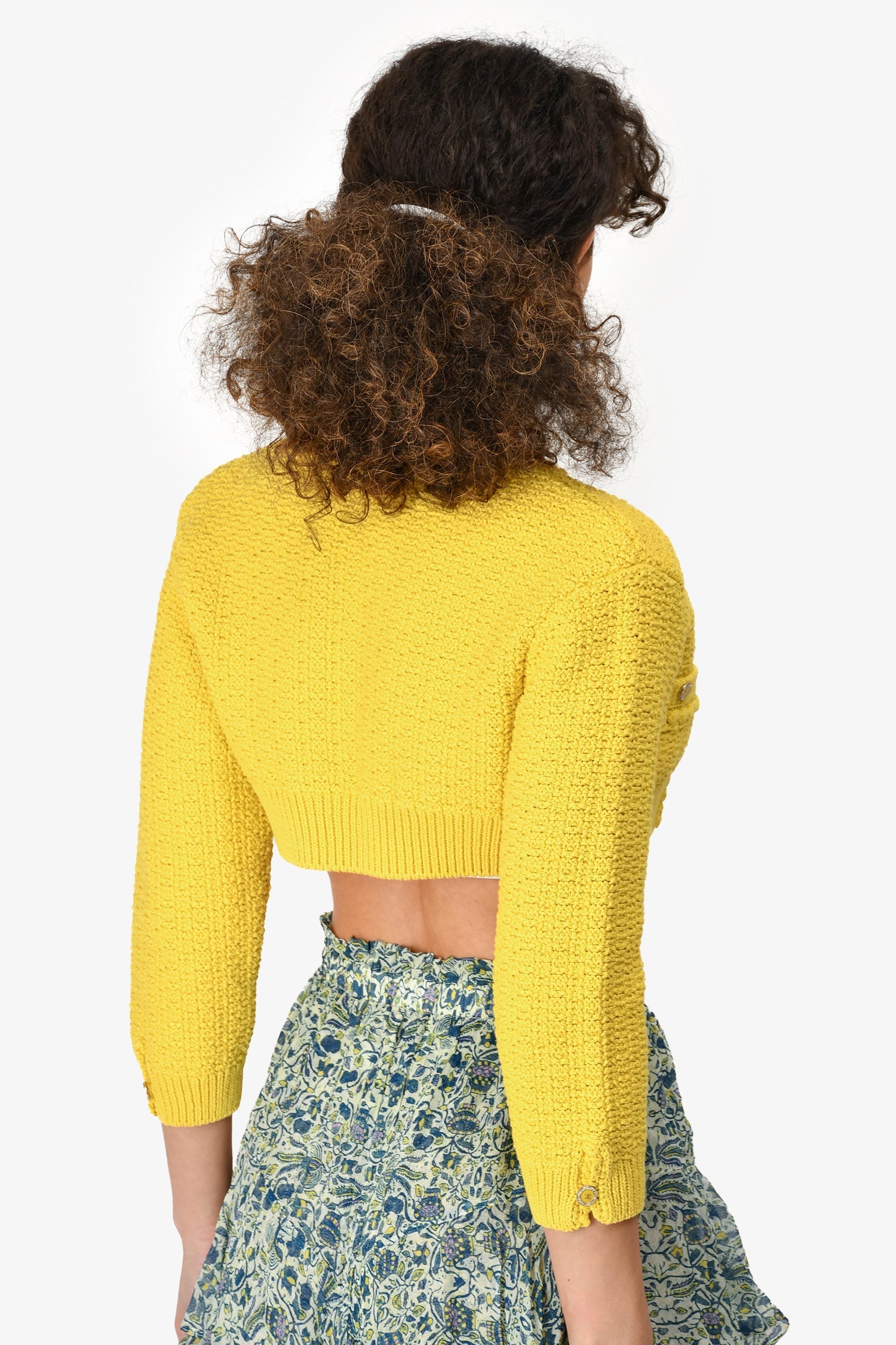 Chanel™ Short Sleeve 2020 Yellow Cotton Blend Knit Cropped Cardigan Size 34