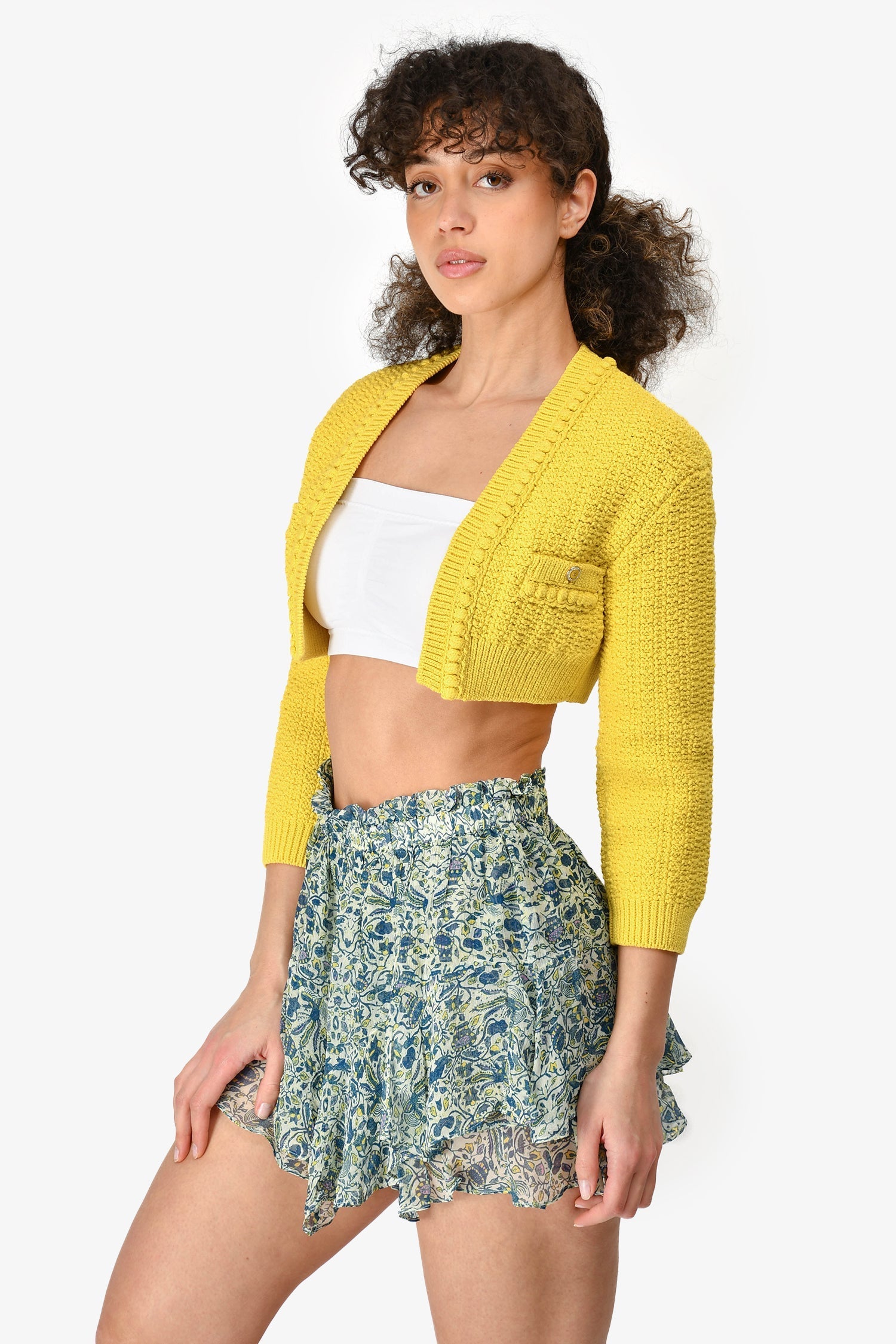 Chanel™ Short Sleeve 2020 Yellow Cotton Blend Knit Cropped Cardigan Size 34