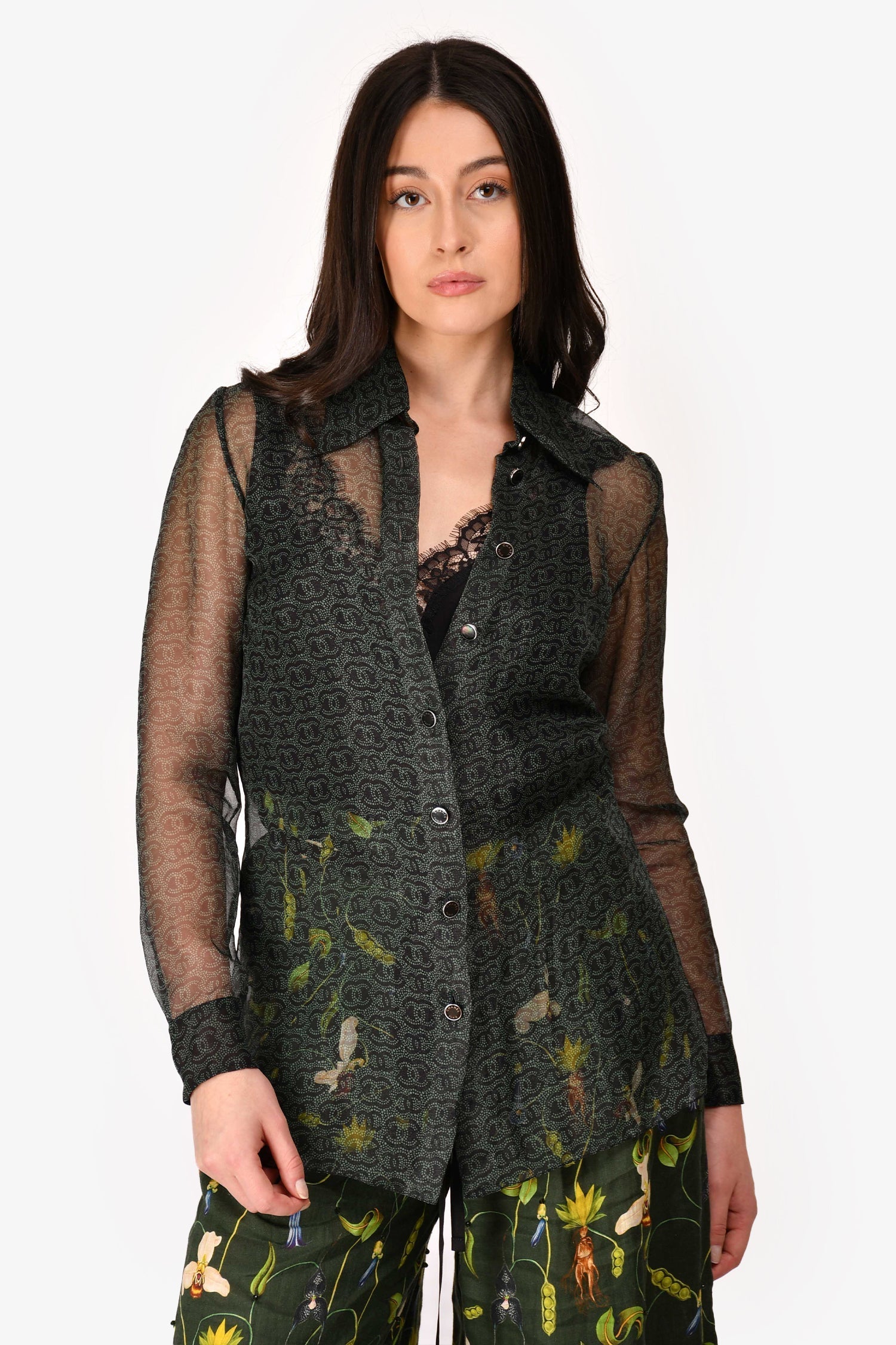 Chanel™ Fall Winter 2023 Green/Navy Blue CC Printed Silk Blend Long Sleeve Blouse Size 34