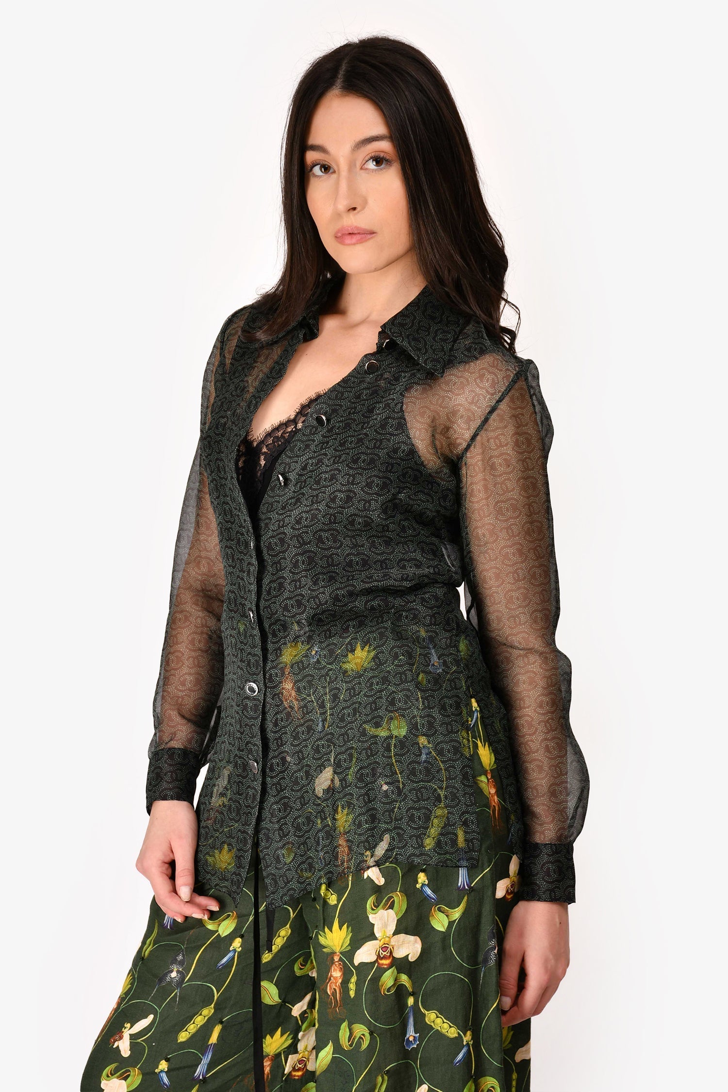 Chanel™ Fall Winter 2023 Green/Navy Blue CC Printed Silk Blend Long Sleeve Blouse Size 34