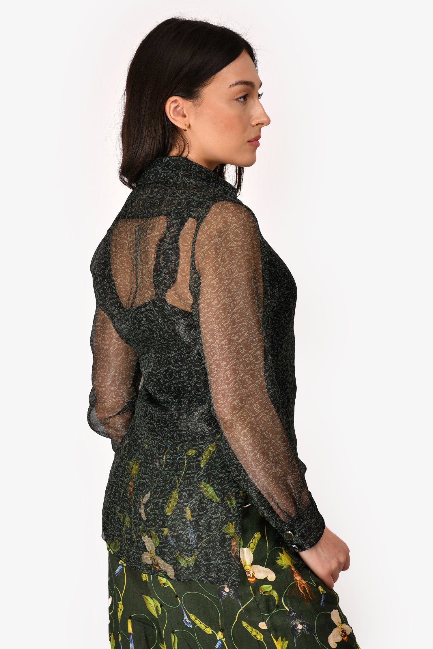 Chanel™ Fall Winter 2023 Green/Navy Blue CC Printed Silk Blend Long Sleeve Blouse Size 34