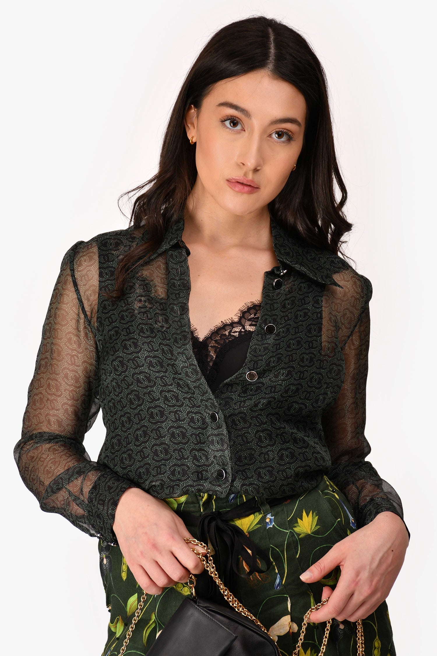 Chanel™ Fall Winter 2023 Green/Navy Blue CC Printed Silk Blend Long Sleeve Blouse Size 34