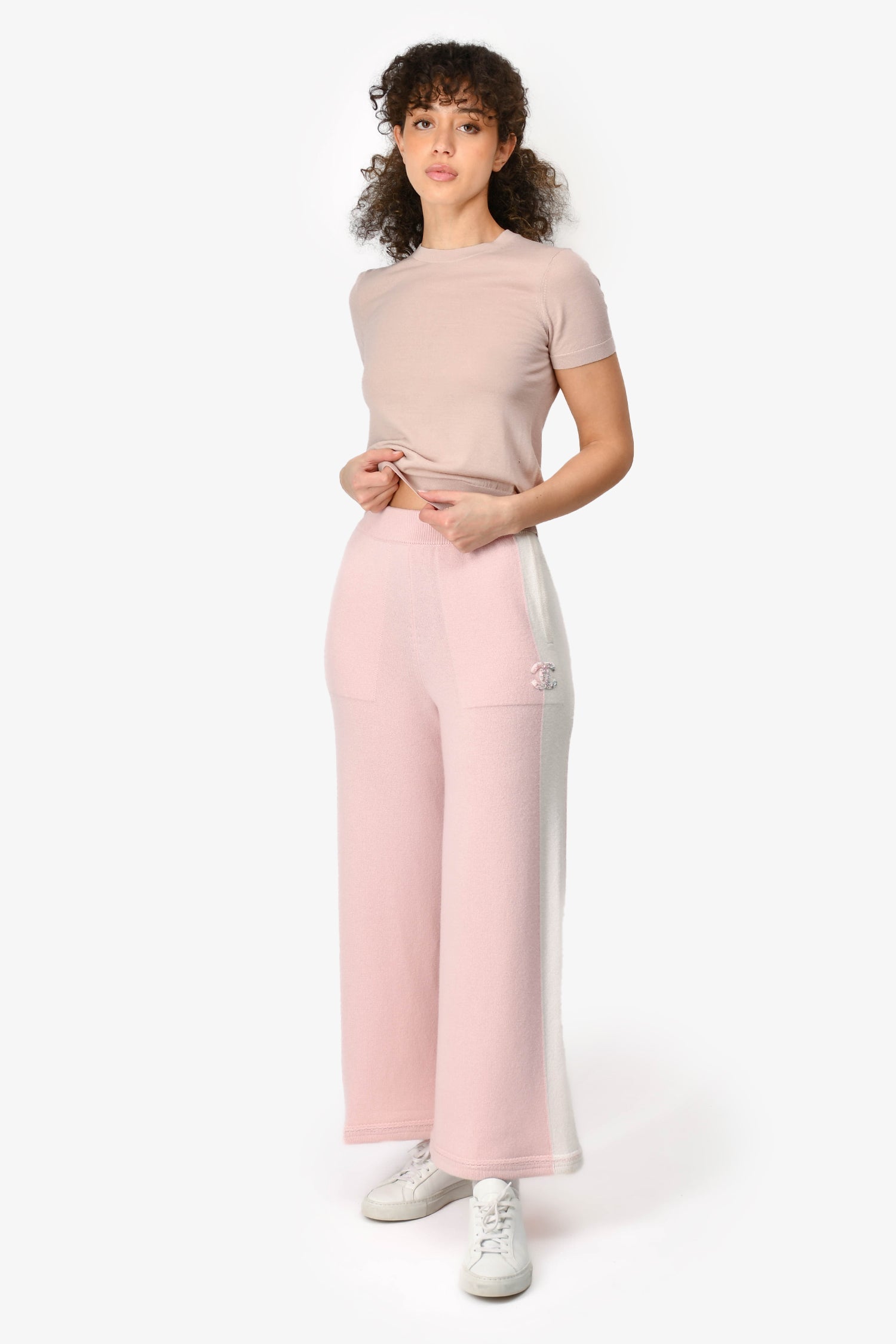 Chanel™ Cruise 2024 Pink/White Cashmere Sequin CC Wide Leg Pants Size 34