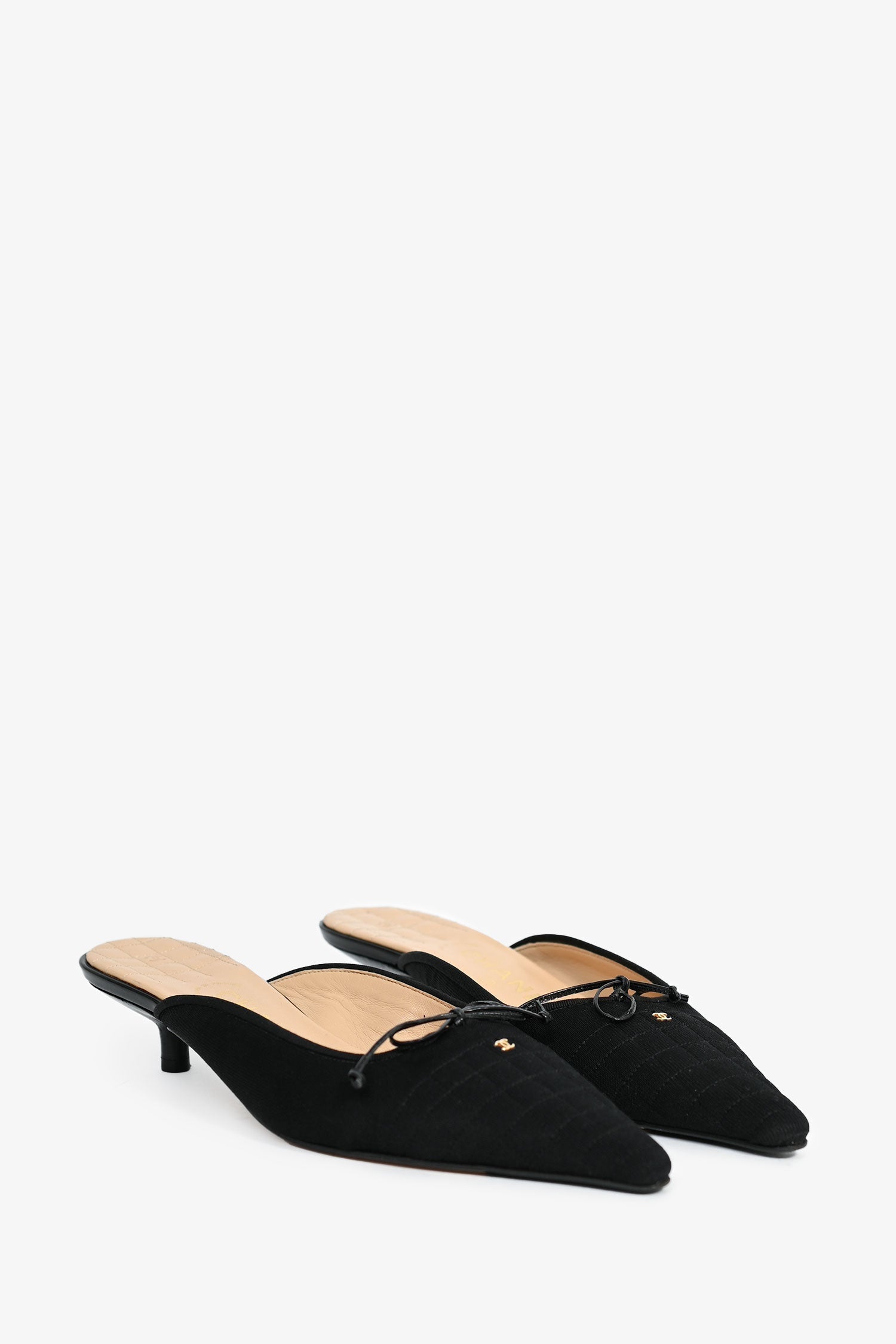 Chanel™ Black Quilted Fabric Pointed Toe Mules Size 38