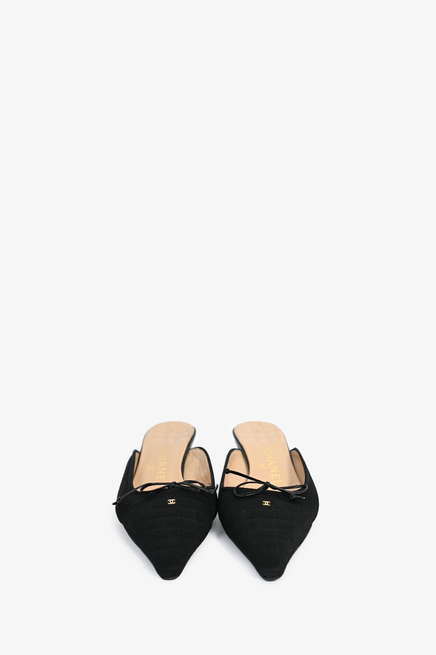 Chanel™ Black Quilted Fabric Pointed Toe Mules Size 38